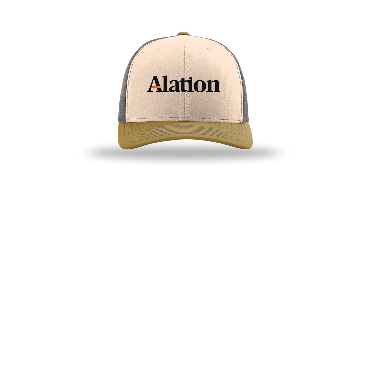 alation-richardson-trucker-cap-embroidery-capfront-R112-minkbeigecharcoalambergold-flat-front