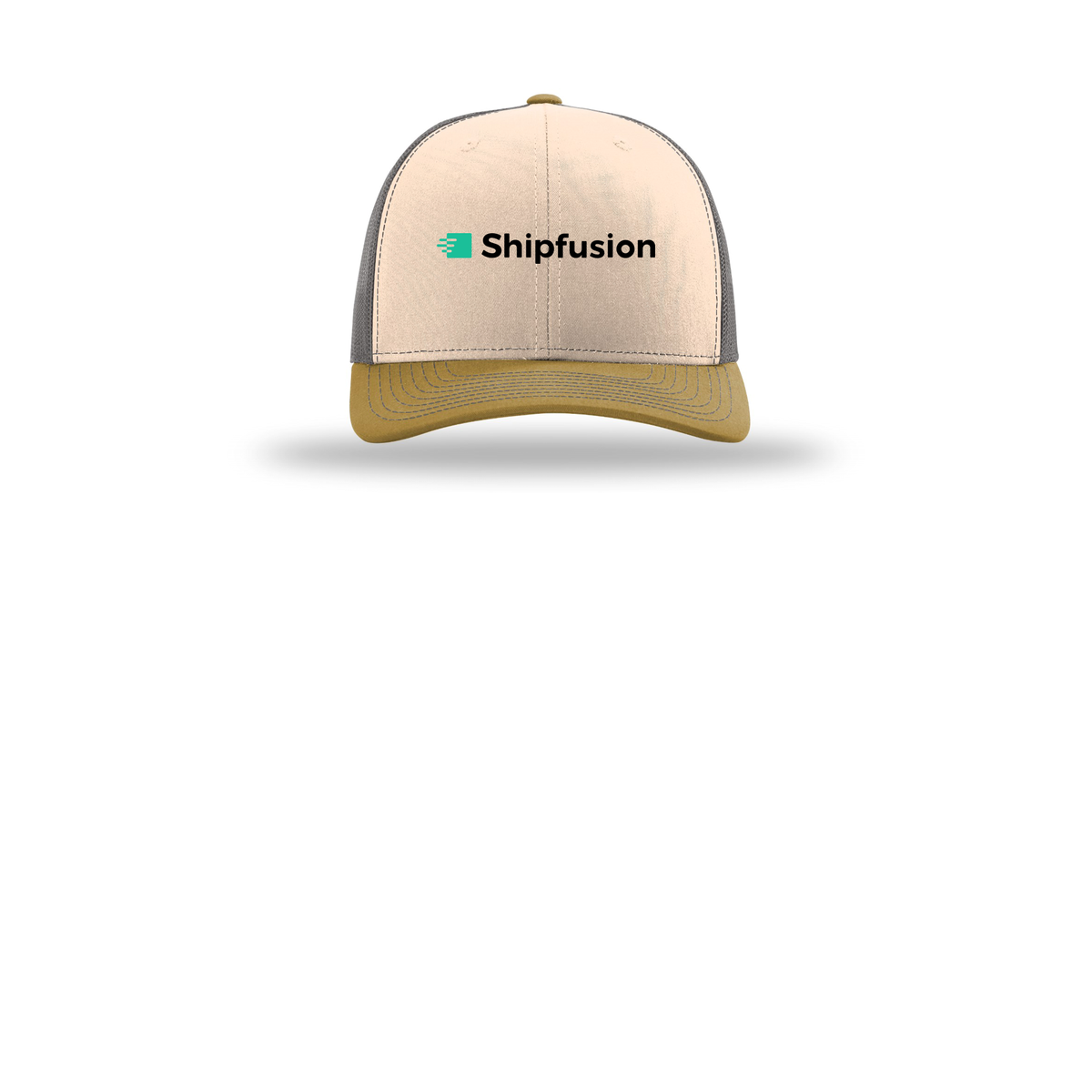 shipfusion-richardson-trucker-cap-embroidery-capfront-R112-minkbeigecharcoalambergold-flat-front