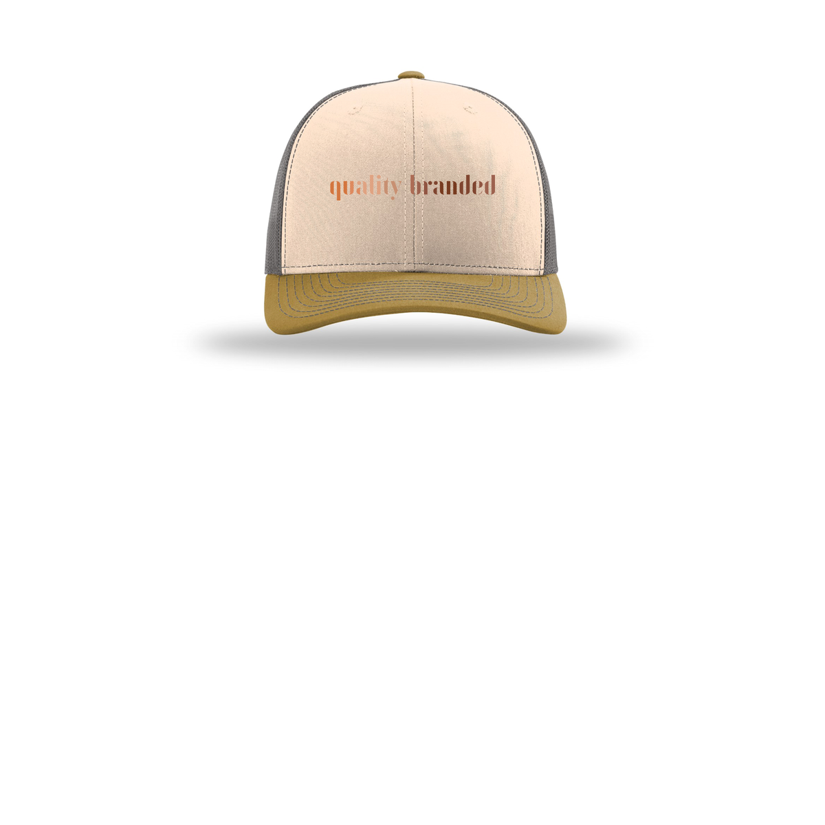 qualitybranded-richardson-trucker-cap-embroidery-capfront-R112-minkbeigecharcoalambergold-flat-front