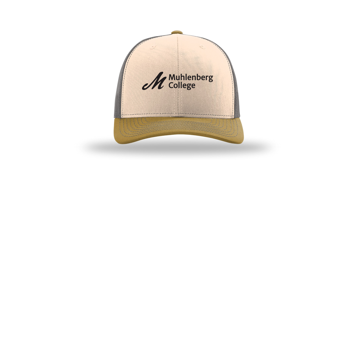 muhlenberg-richardson-trucker-cap-embroidery-capfront-R112-minkbeigecharcoalambergold-flat-front