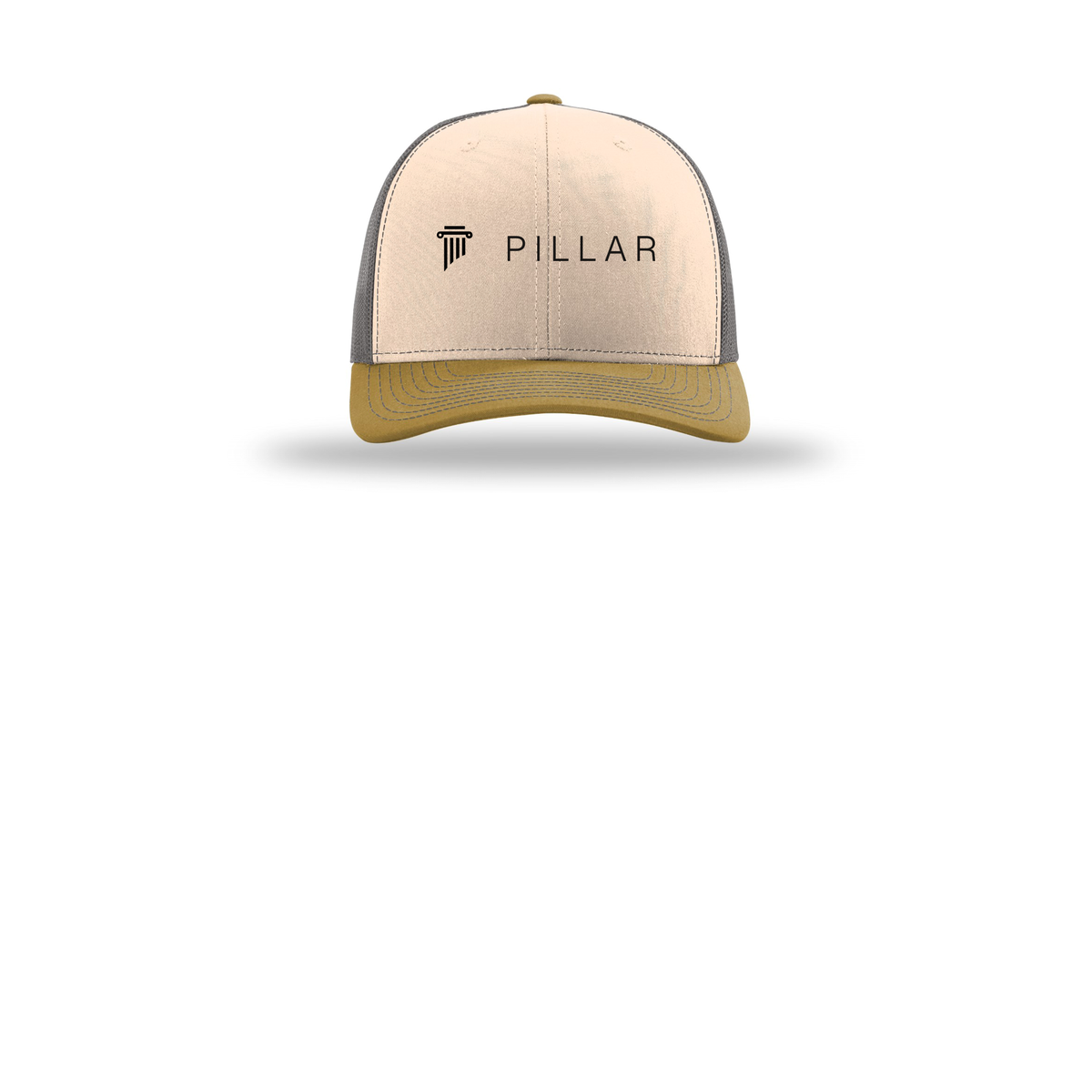 pillar-richardson-trucker-cap-embroidery-capfront-R112-minkbeigecharcoalambergold-flat-front