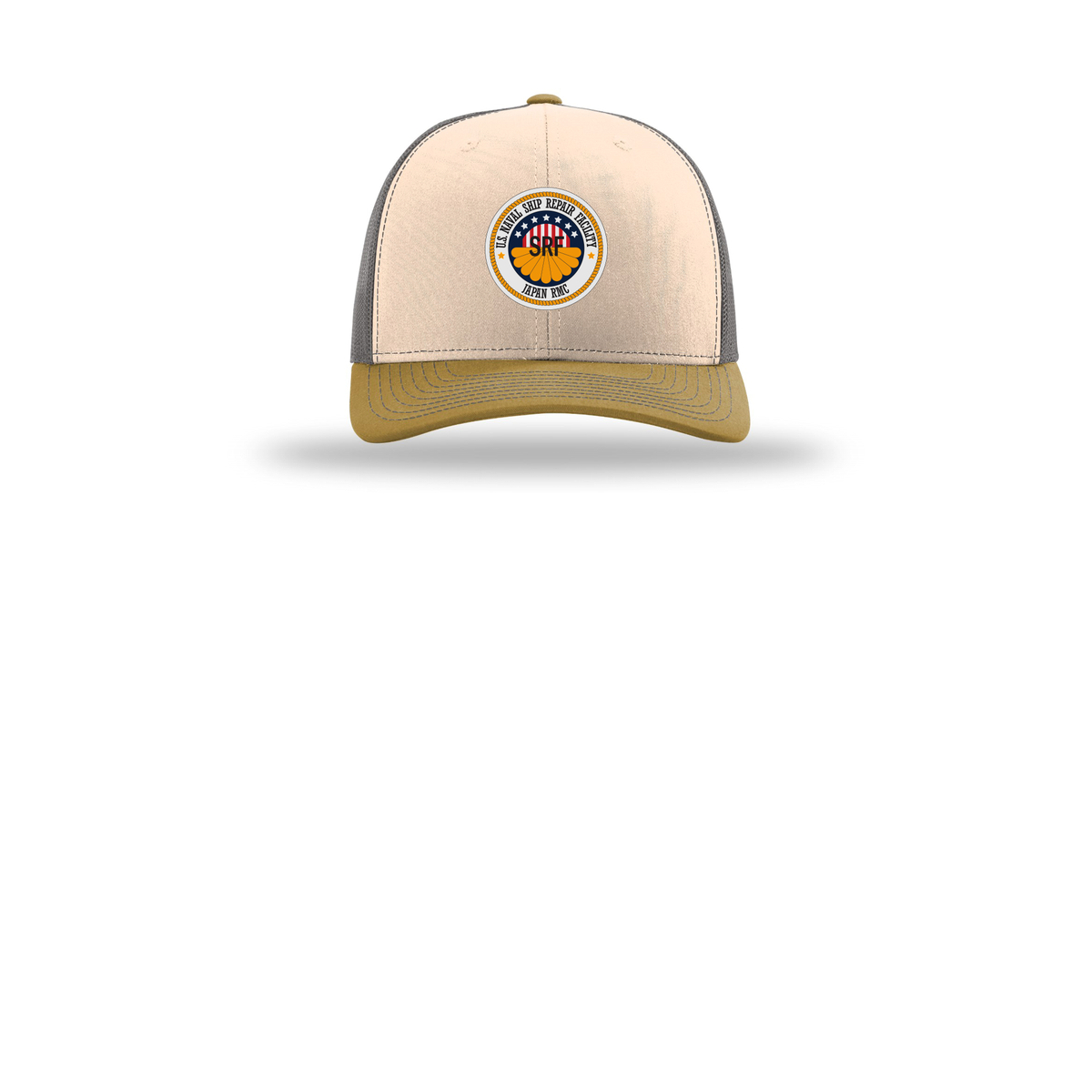 srf-jrmc-richardson-trucker-cap-embroidery-capfront-R112-minkbeigecharcoalambergold-flat-front
