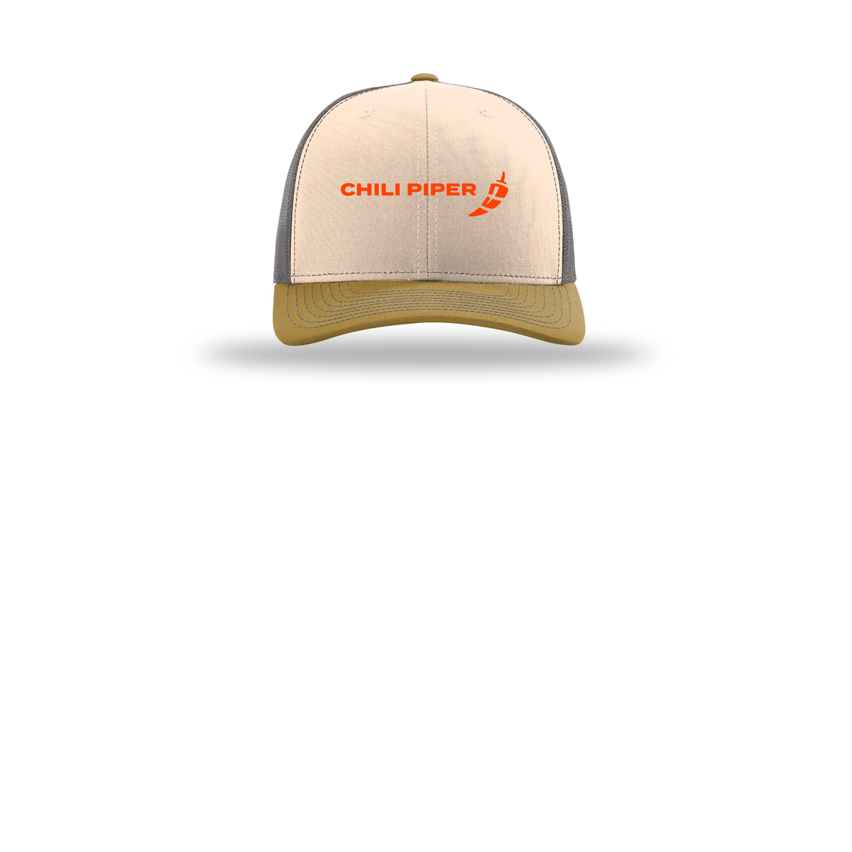 chilipiper-richardson-trucker-cap-embroidery-capfront-R112-minkbeigecharcoalambergold-flat-front