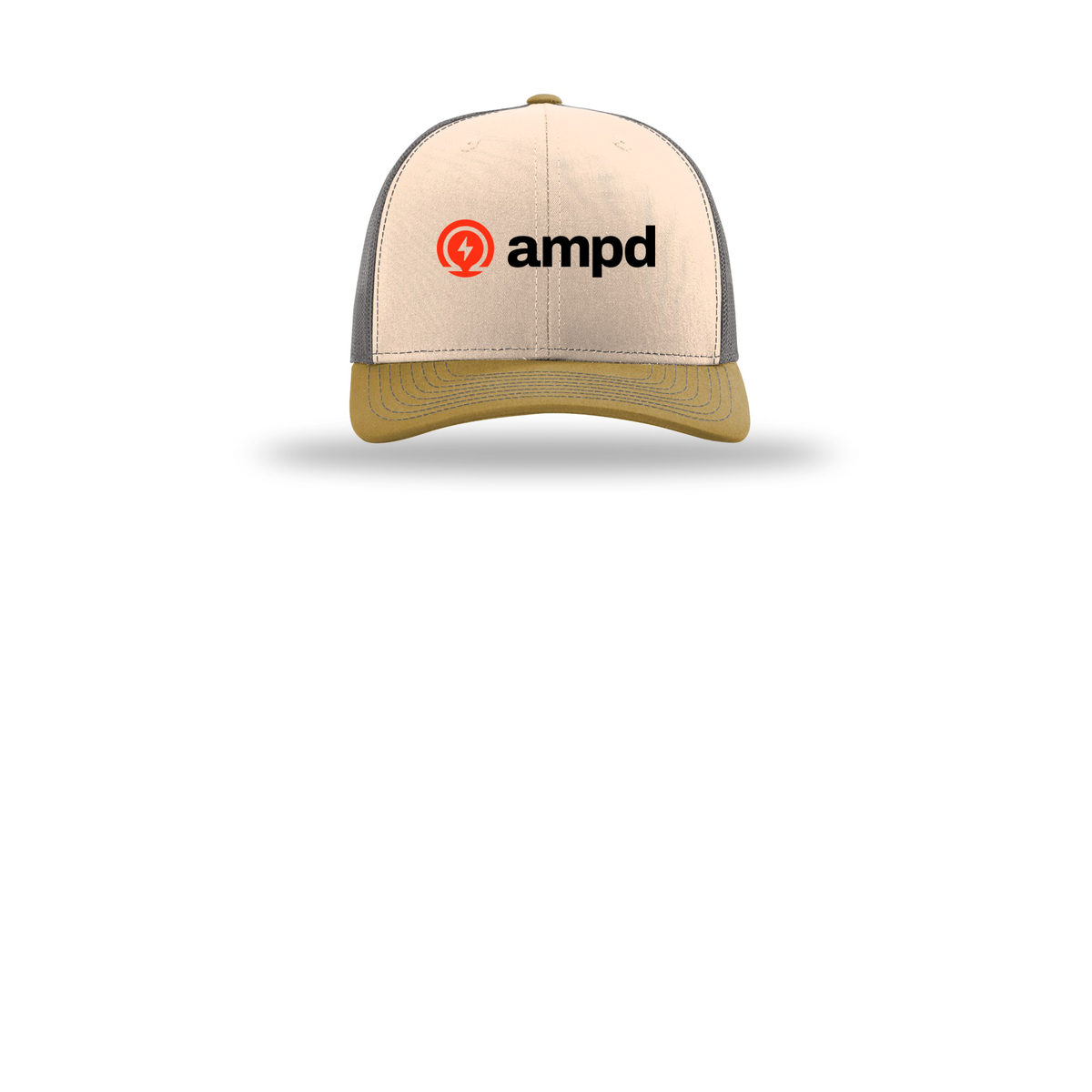 ampd-richardson-trucker-cap-embroidery-capfront-R112-minkbeigecharcoalambergold-flat-front
