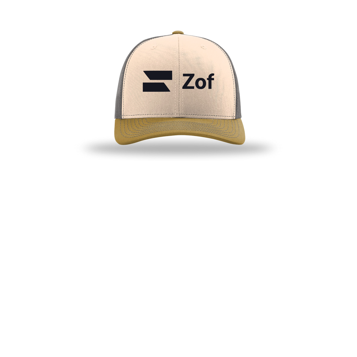 zof-richardson-trucker-cap-embroidery-capfront-R112-minkbeigecharcoalambergold-flat-front