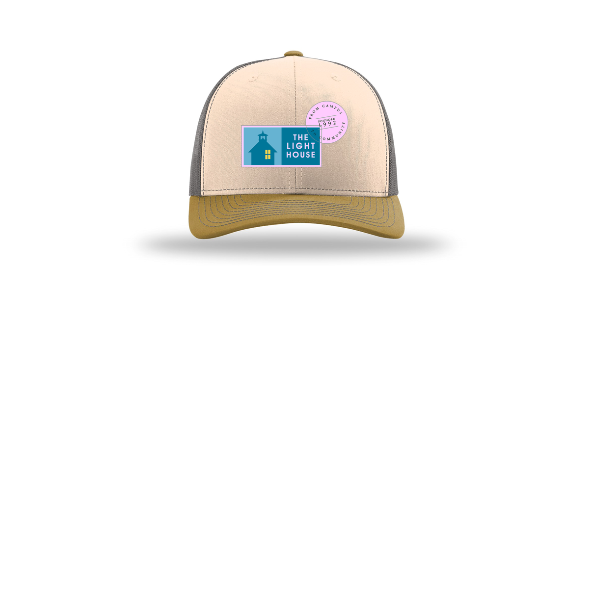 lhcampus-richardson-trucker-cap-embroidery-capfront-R112-minkbeigecharcoalambergold-flat-front