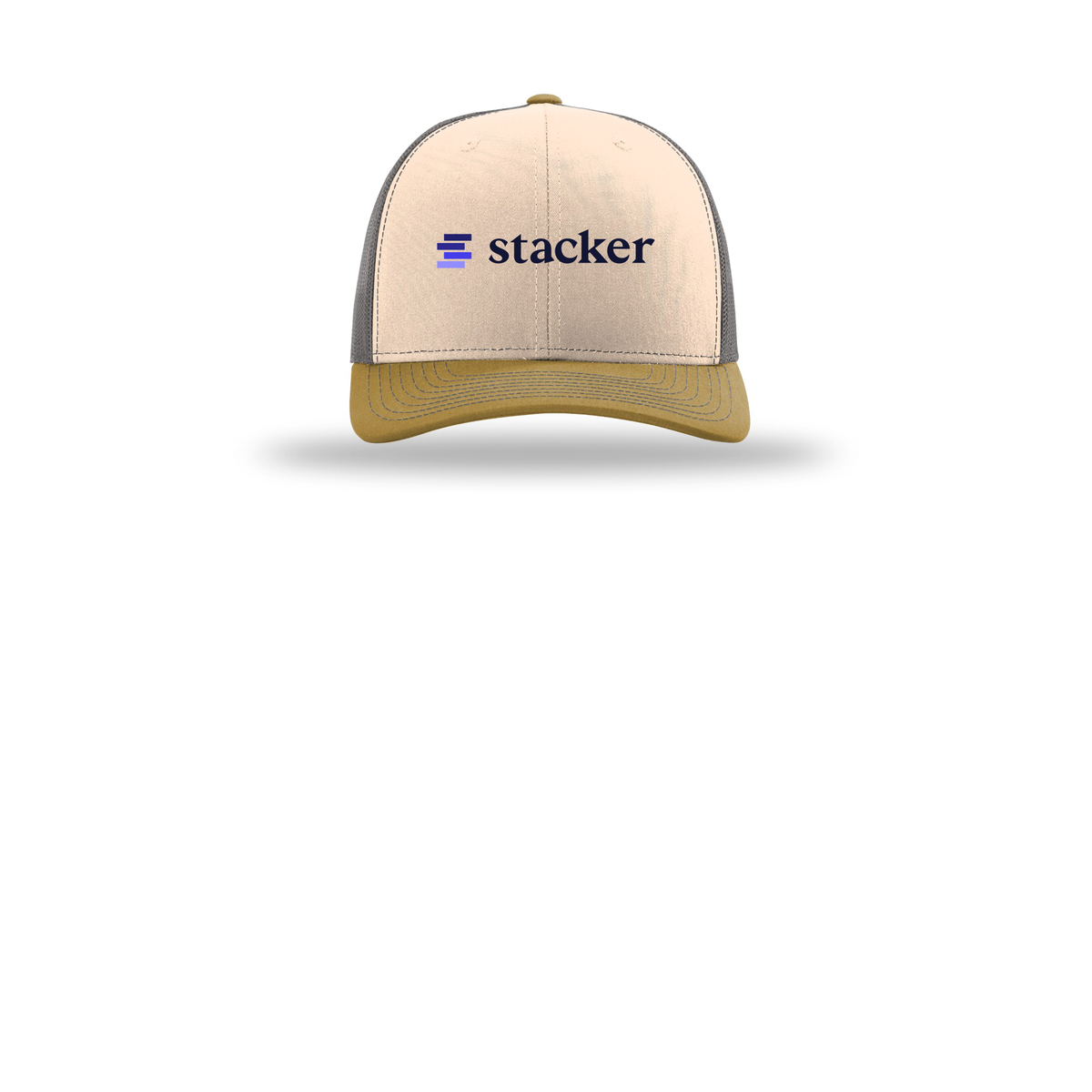stacker-richardson-trucker-cap-embroidery-capfront-R112-minkbeigecharcoalambergold-flat-front