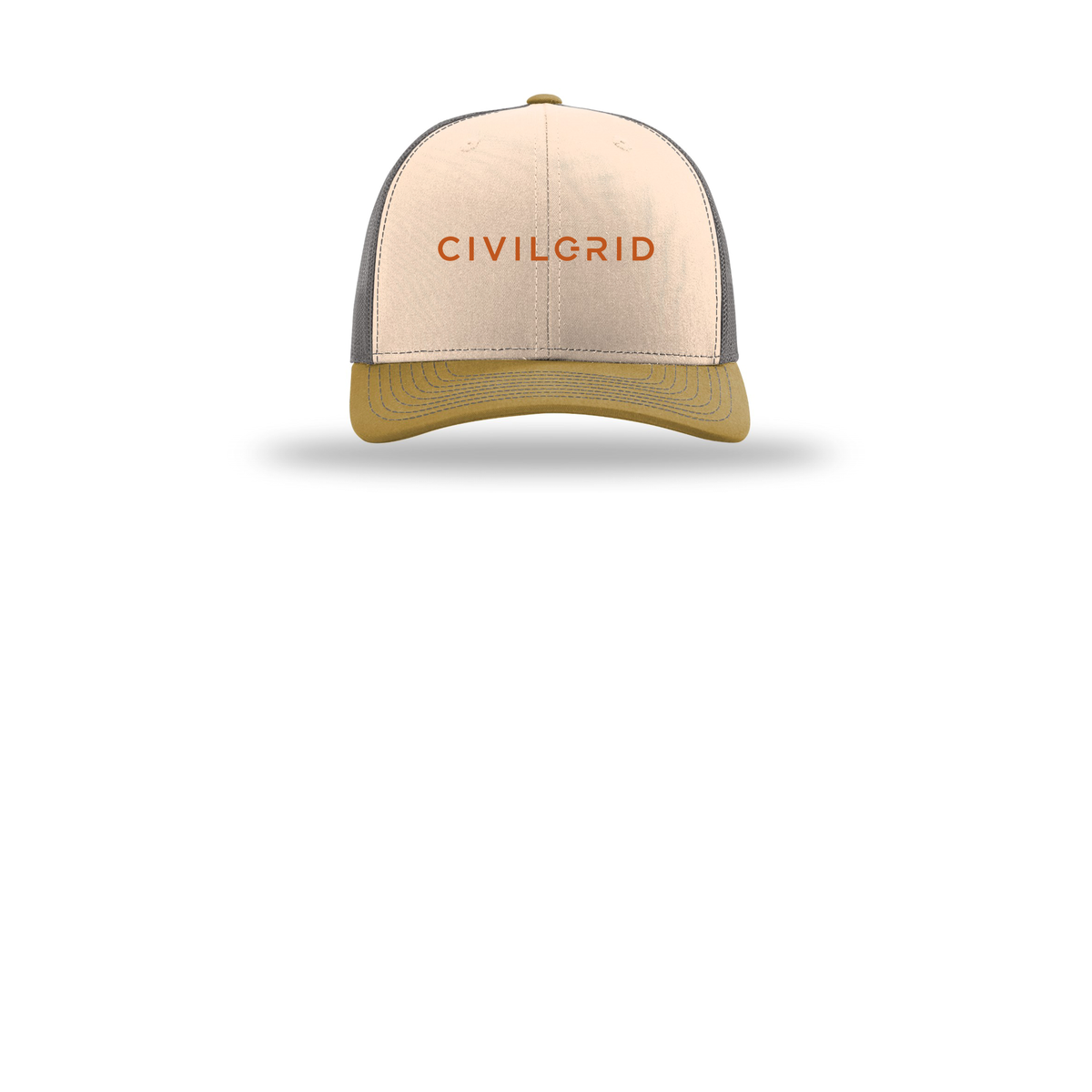 civilgrid-richardson-trucker-cap-embroidery-capfront-R112-minkbeigecharcoalambergold-flat-front