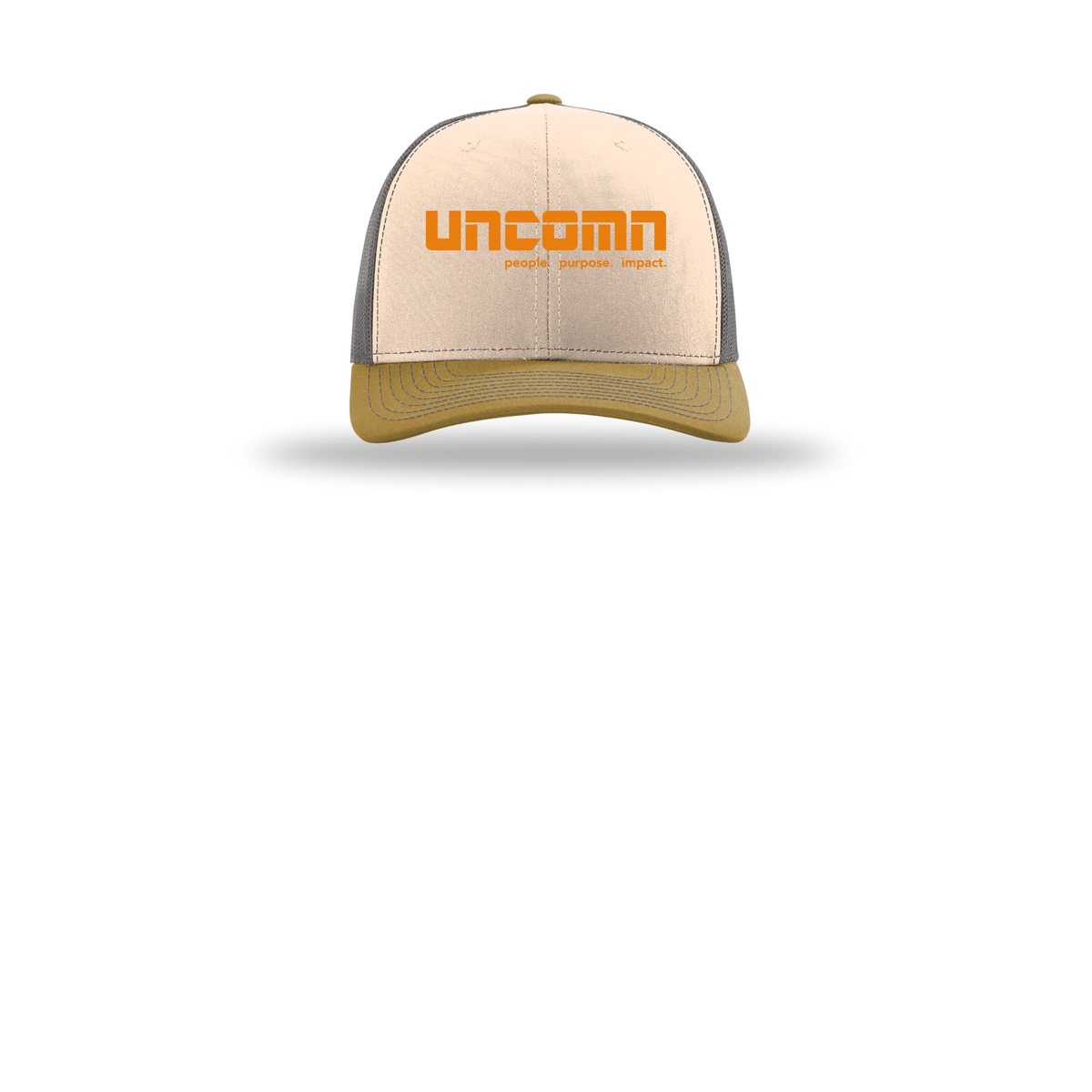 uncomn-richardson-trucker-cap-embroidery-capfront-R112-minkbeigecharcoalambergold-flat-front