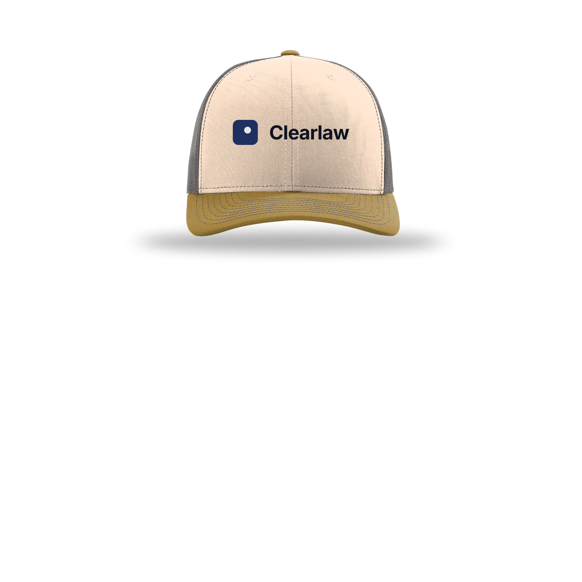 clearlaw-richardson-trucker-cap-embroidery-capfront-R112-minkbeigecharcoalambergold-flat-front