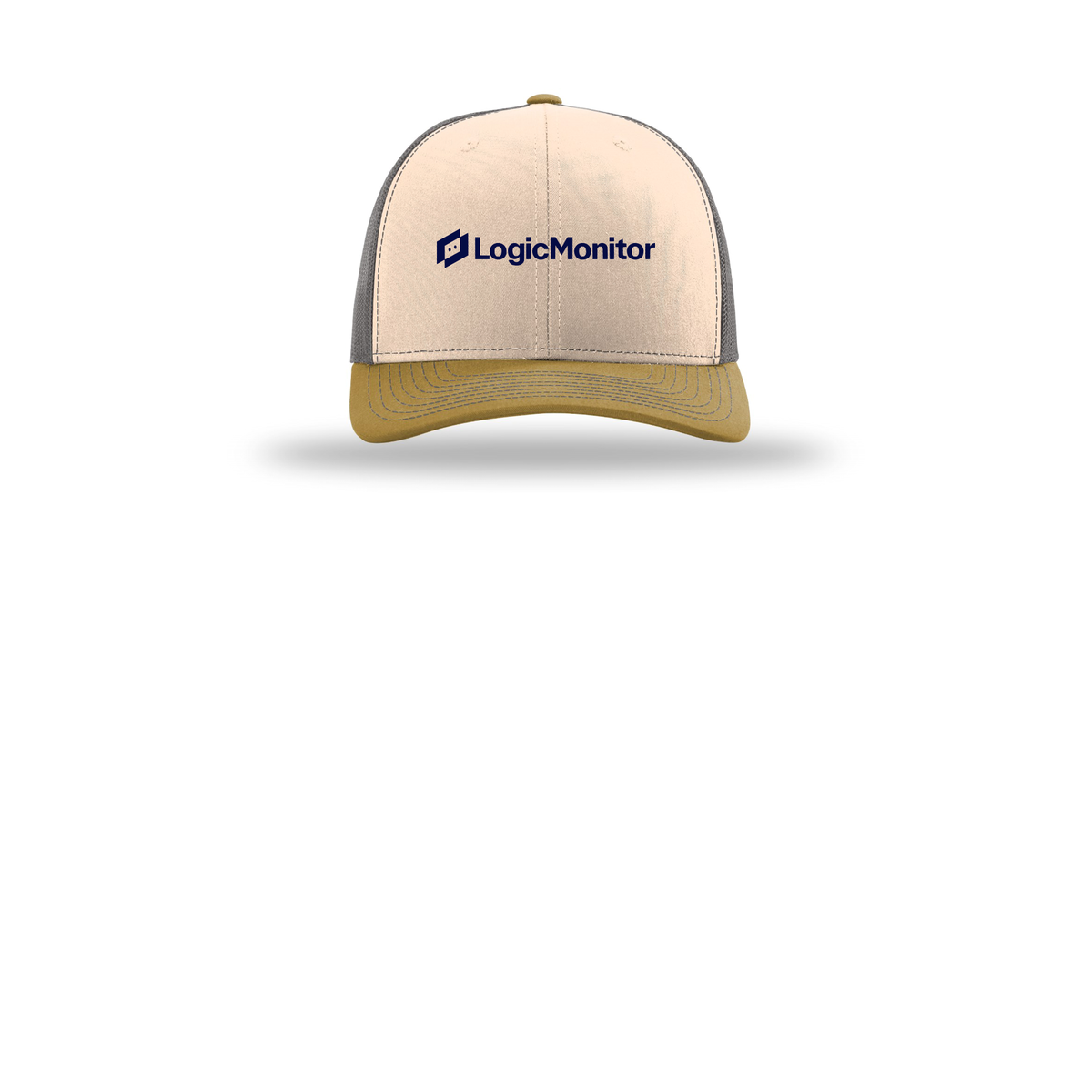 logicmonitor-richardson-trucker-cap-embroidery-capfront-R112-minkbeigecharcoalambergold-flat-front