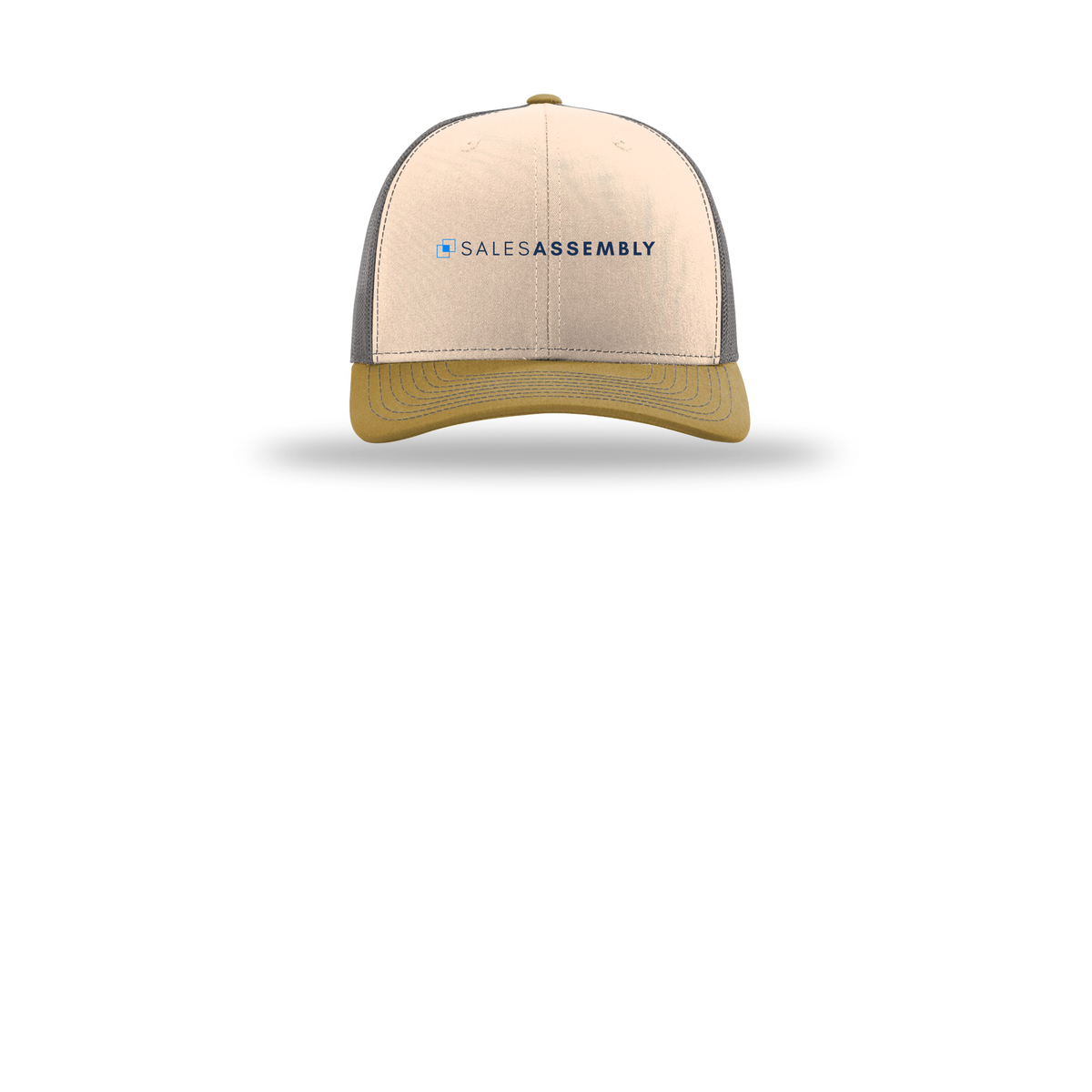 salesassembly-richardson-trucker-cap-embroidery-capfront-R112-minkbeigecharcoalambergold-flat-front