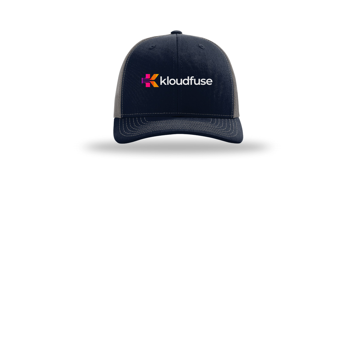 kloudfuse-richardson-trucker-cap-embroidery-capfront-R112-navycharcoal-flat-front