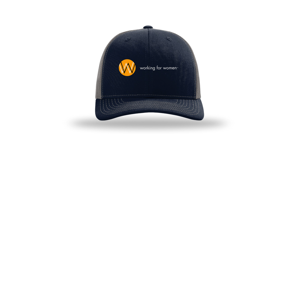 workingforwomen-richardson-trucker-cap-embroidery-capfront-R112-navycharcoal-flat-front