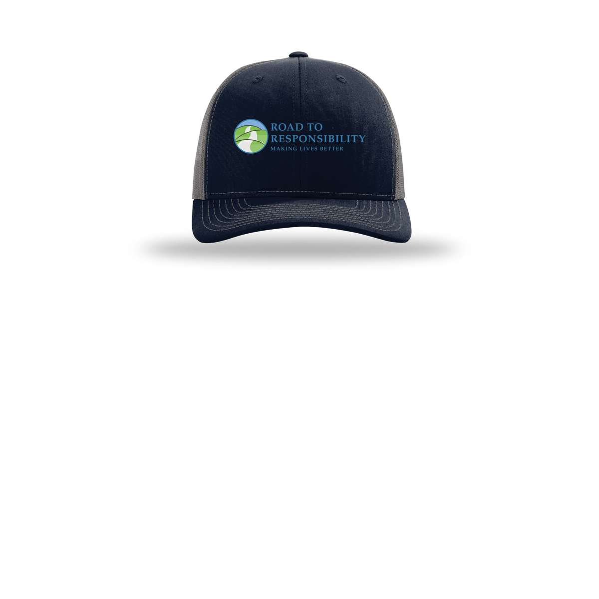 roadtoresponsibility-richardson-trucker-cap-embroidery-capfront-R112-navycharcoal-flat-front