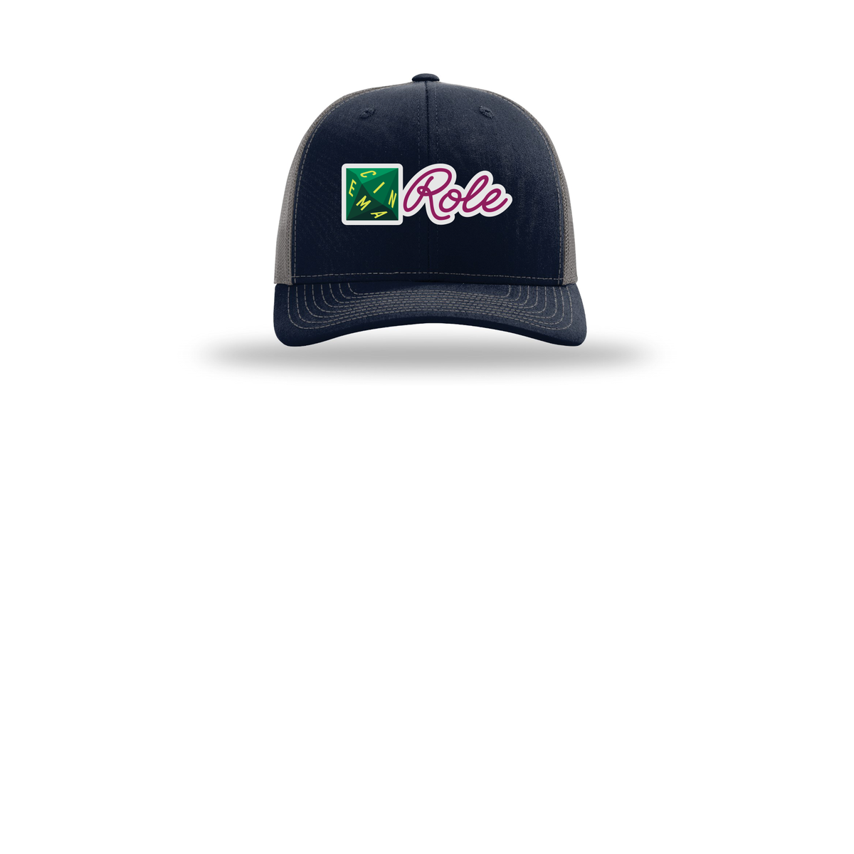 cinemarole-richardson-trucker-cap-embroidery-capfront-R112-navycharcoal-flat-front