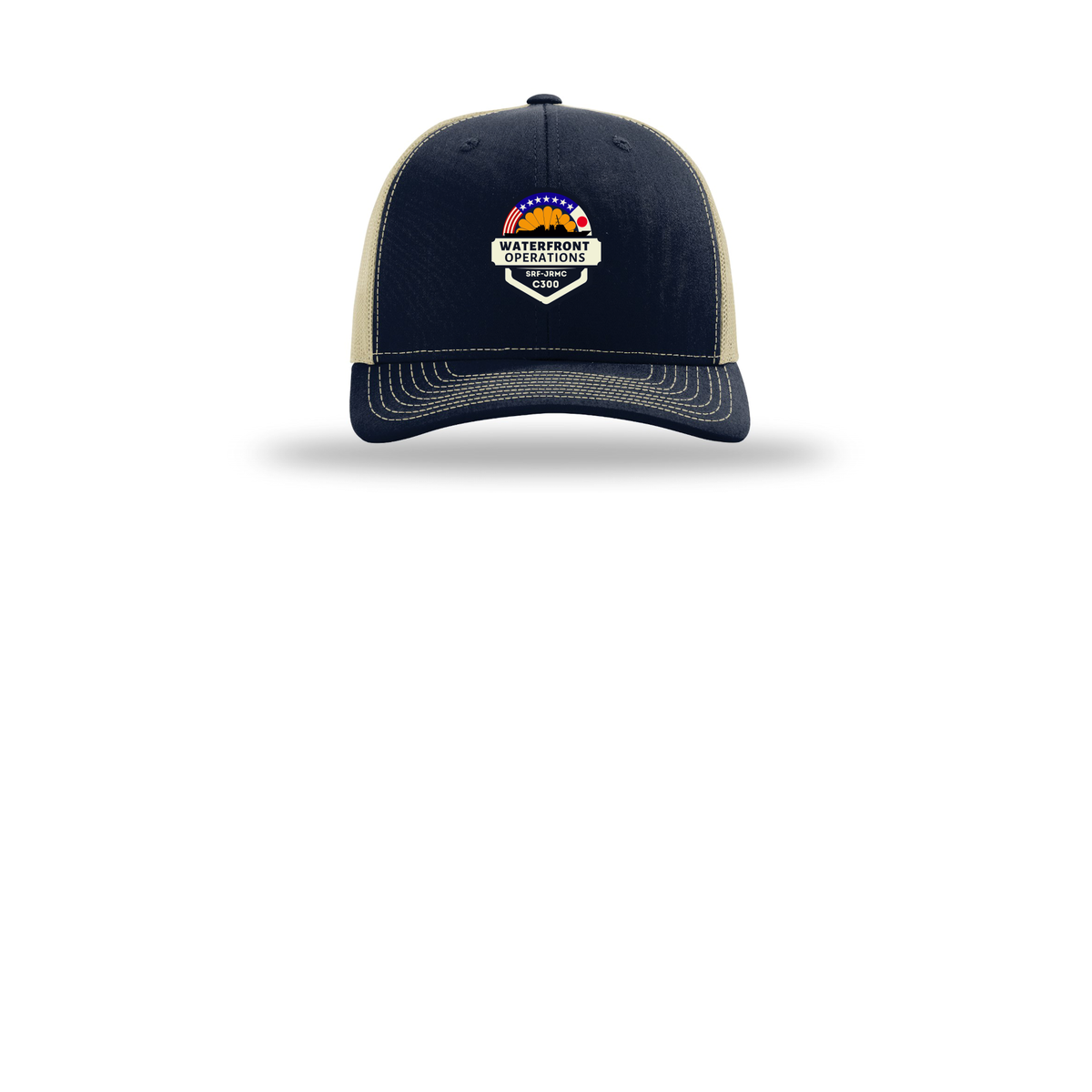 waterfront-operations-retro-trucker-cap-embroidery-capfront-R112-navykhaki-flat-front