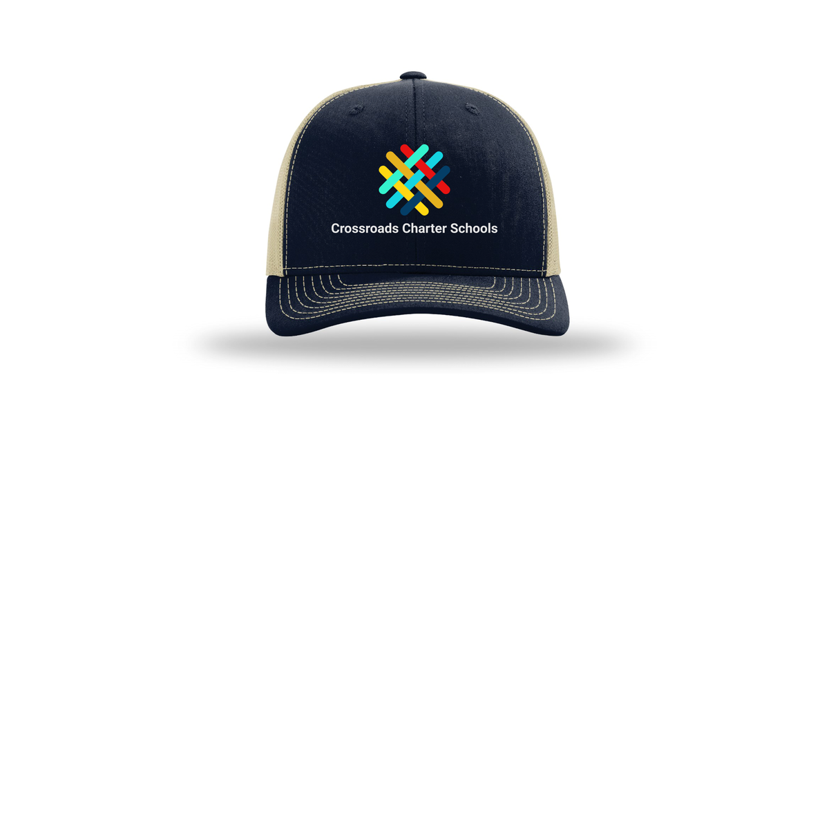 crossroadsschoolskc-richardson-trucker-cap-embroidery-capfront-R112-navykhaki-flat-front