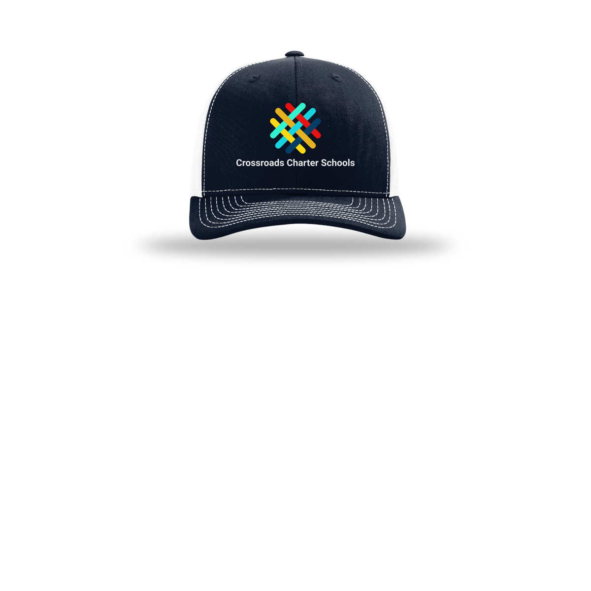 crossroadsschoolskc-richardson-trucker-cap-embroidery-capfront-R112-navywhite-flat-front