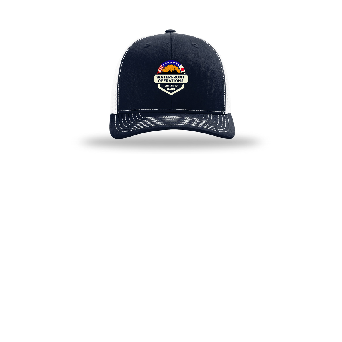 waterfront-operations-retro-trucker-cap-embroidery-capfront-R112-navywhite-flat-front