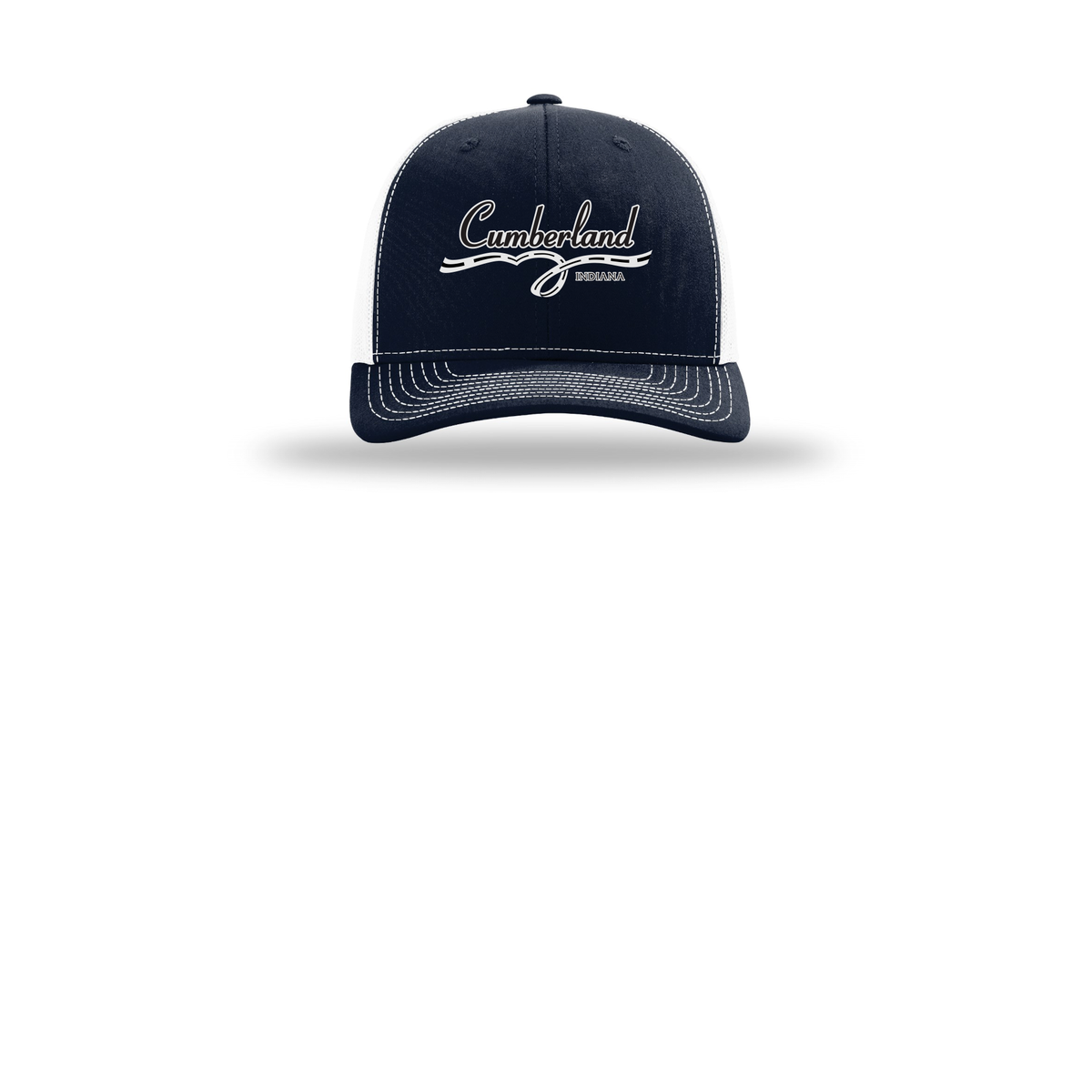 cumberland-richardson-trucker-cap-embroidery-capfront-R112-navywhite-flat-front
