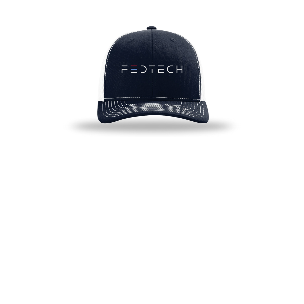fedtech-richardson-trucker-cap-embroidery-capfront-R112-navywhite-flat-front