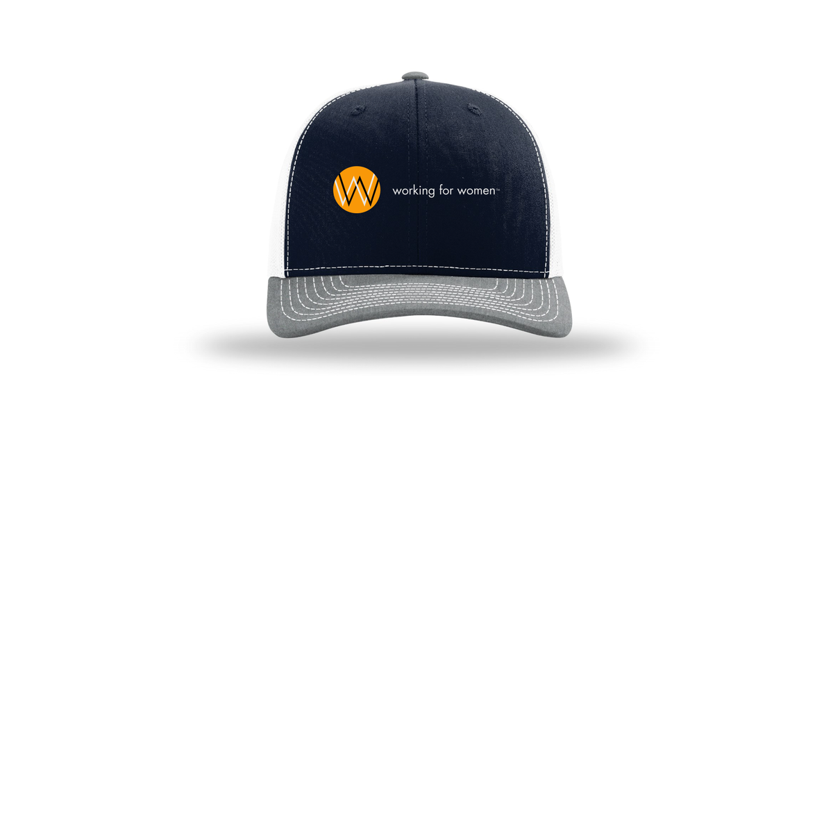 workingforwomen-richardson-trucker-cap-embroidery-capfront-R112-navywhiteheathergrey-flat-front