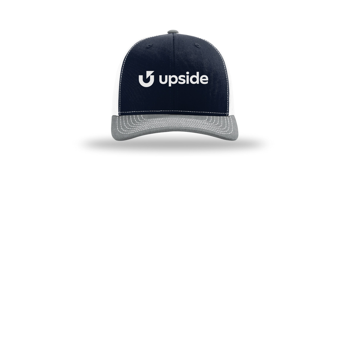 upside-richardson-trucker-cap-embroidery-capfront-R112-navywhiteheathergrey-flat-front