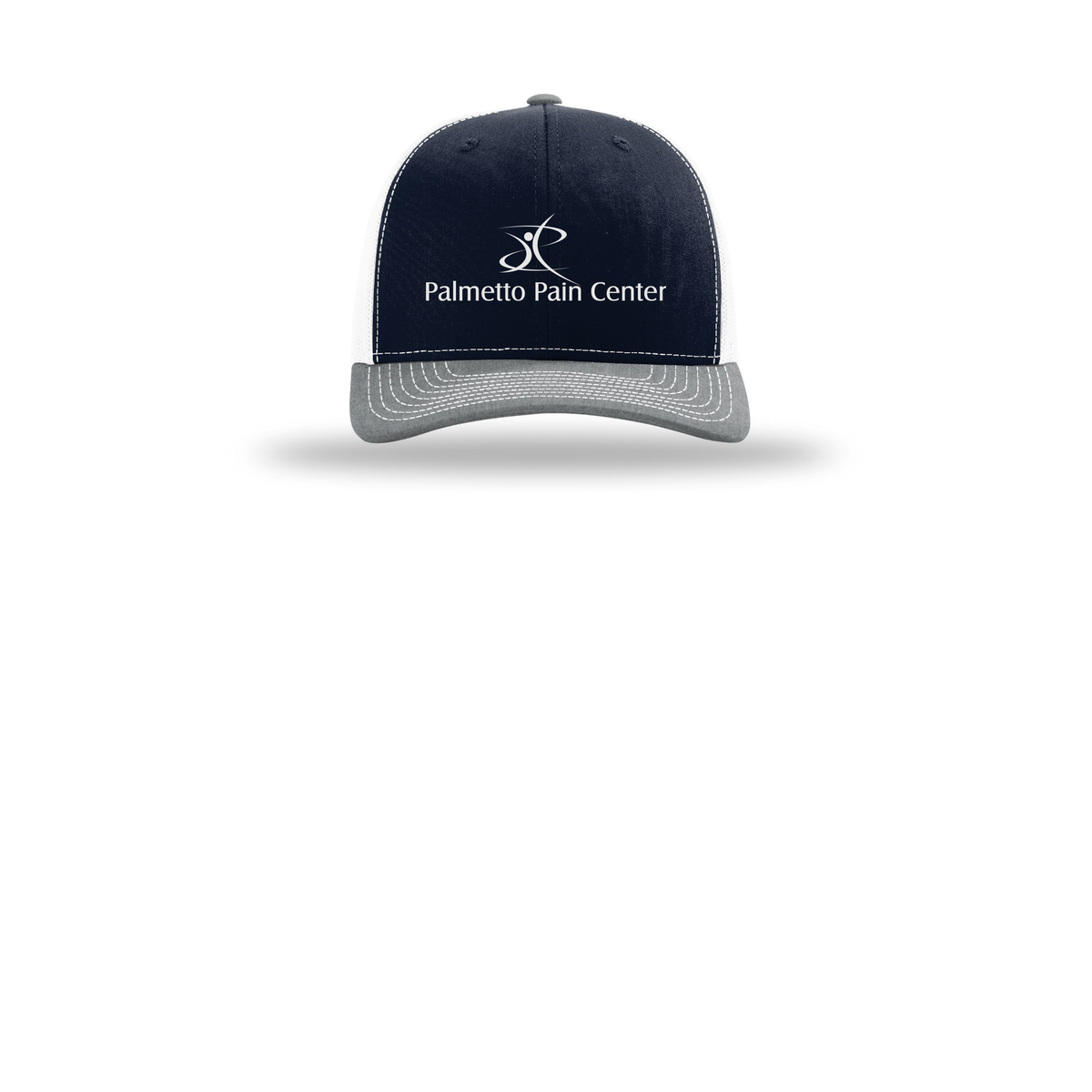 palmetto-pain-center-richardson-trucker-cap-embroidery-capfront-R112-navywhiteheathergrey-flat-front