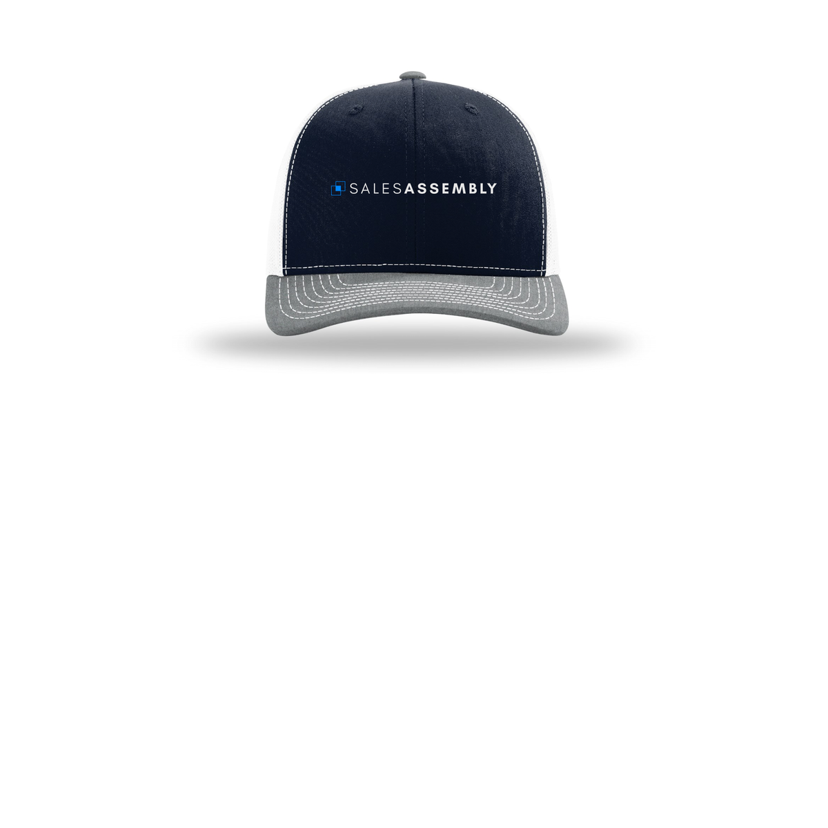 salesassembly-richardson-trucker-cap-embroidery-capfront-R112-navywhiteheathergrey-flat-front