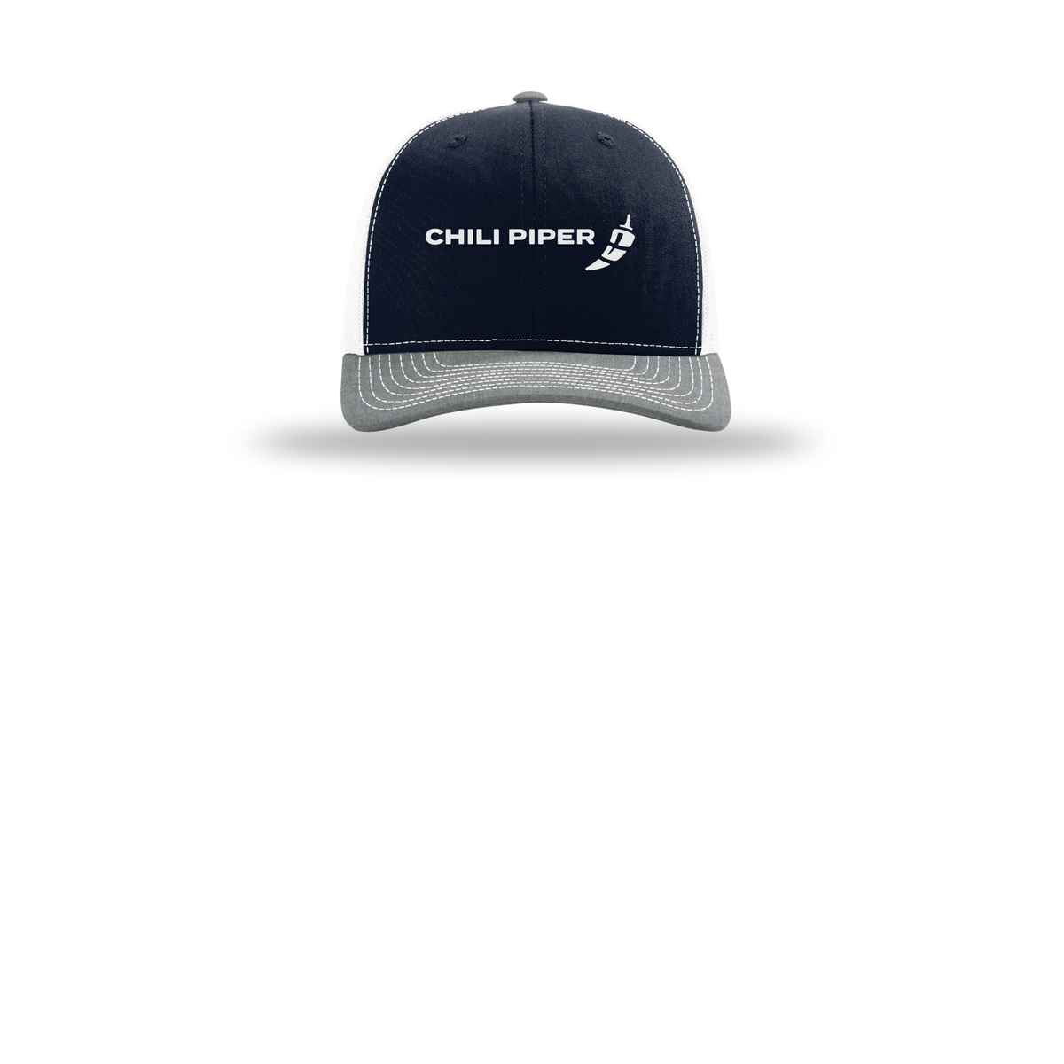 chilipiper-richardson-trucker-cap-embroidery-capfront-R112-navywhiteheathergrey-flat-front
