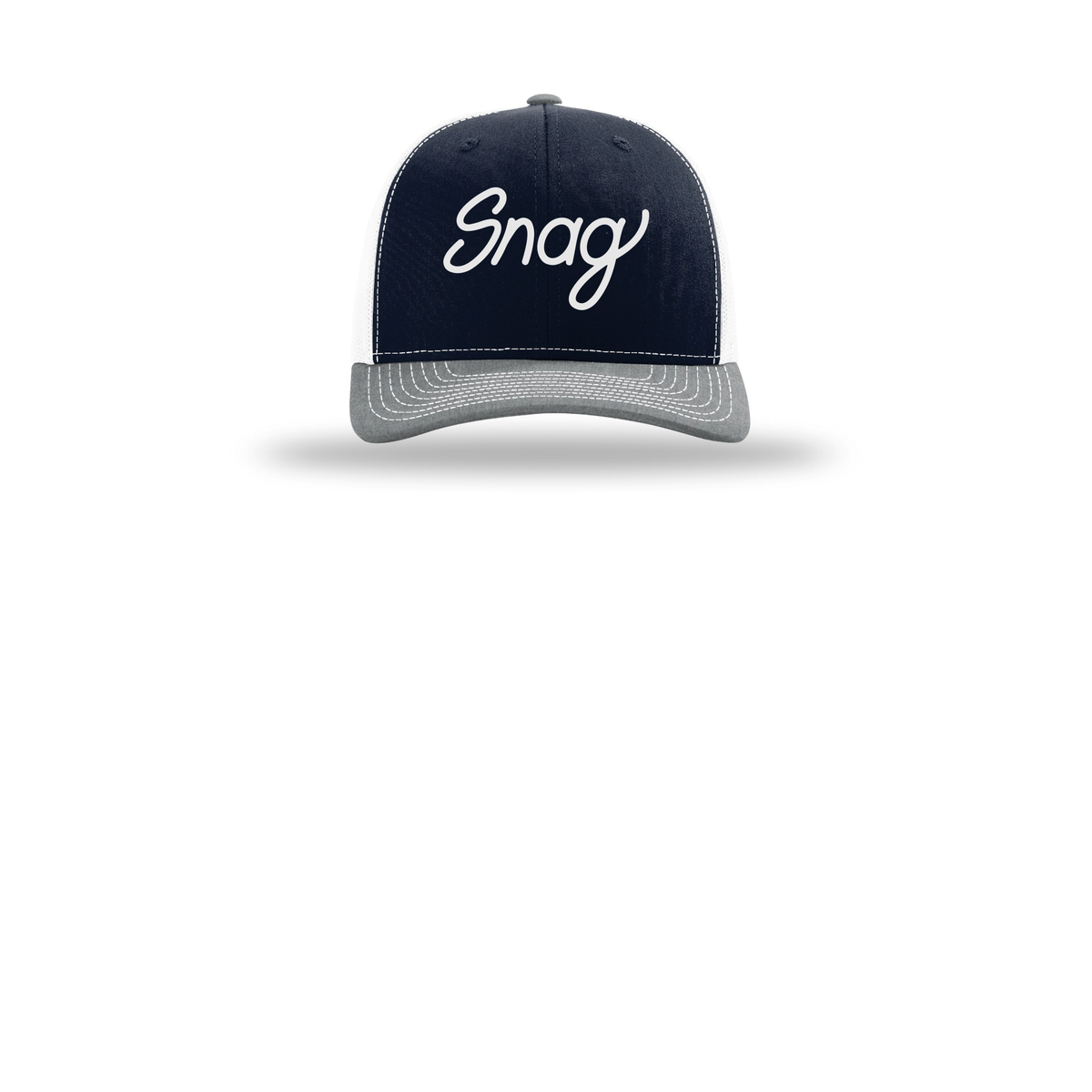 snagdelivery-richardson-trucker-cap-embroidery-capfront-R112-navywhiteheathergrey-flat-front