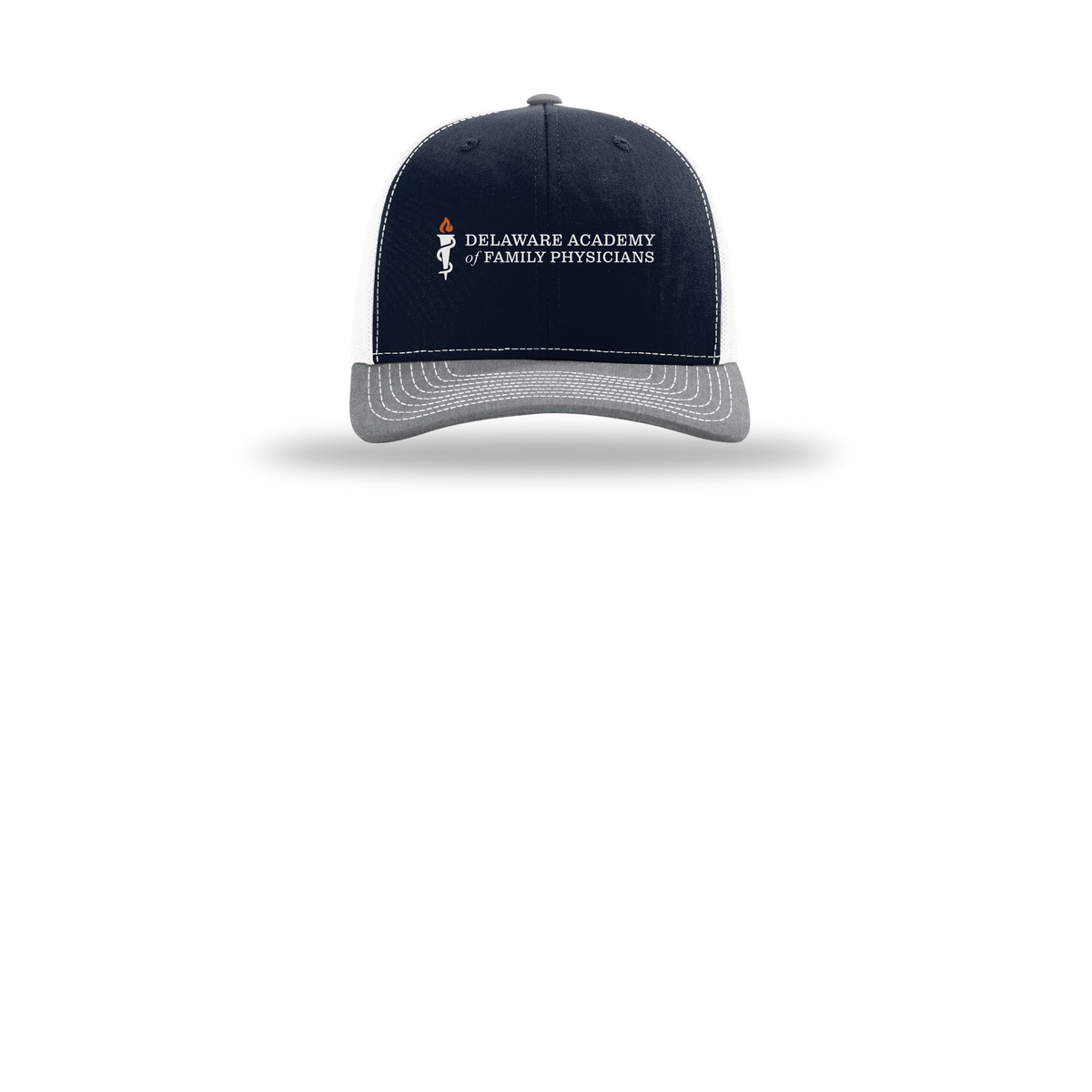 delfamdoc-richardson-trucker-cap-embroidery-capfront-R112-navywhiteheathergrey-flat-front