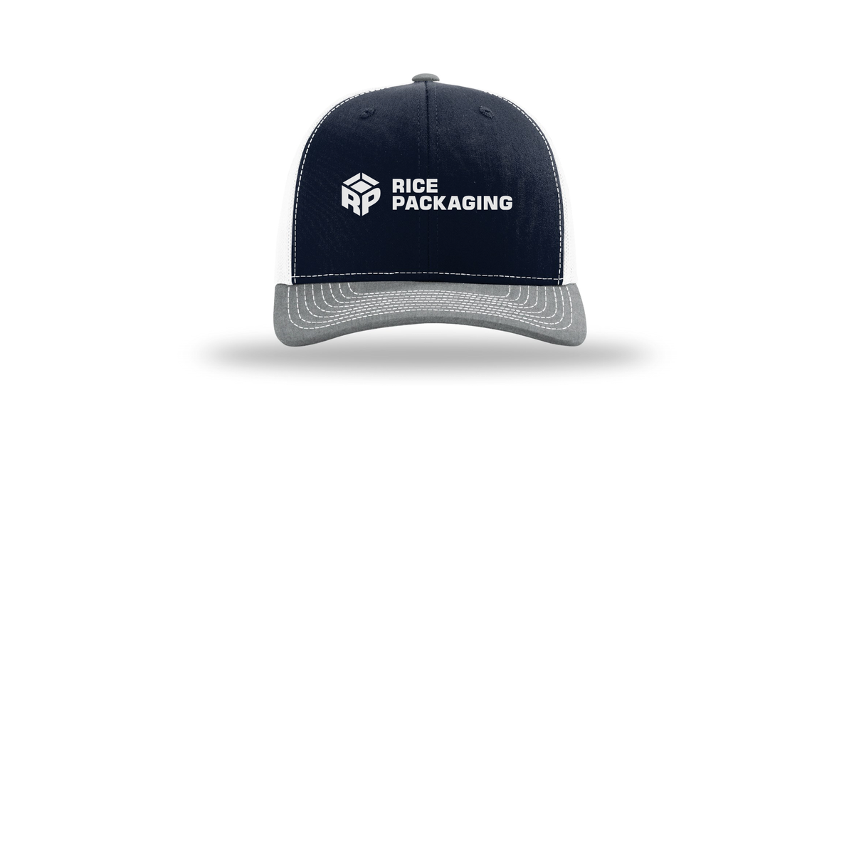 ricepackaging-richardson-trucker-cap-embroidery-capfront-R112-navywhiteheathergrey-flat-front