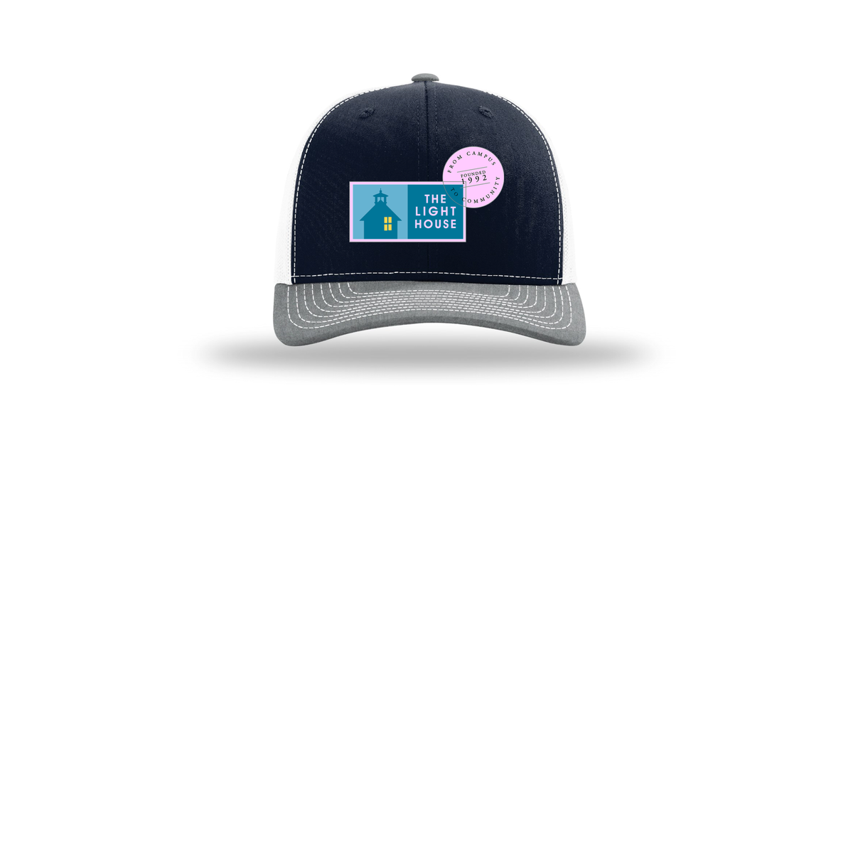lhcampus-richardson-trucker-cap-embroidery-capfront-R112-navywhiteheathergrey-flat-front