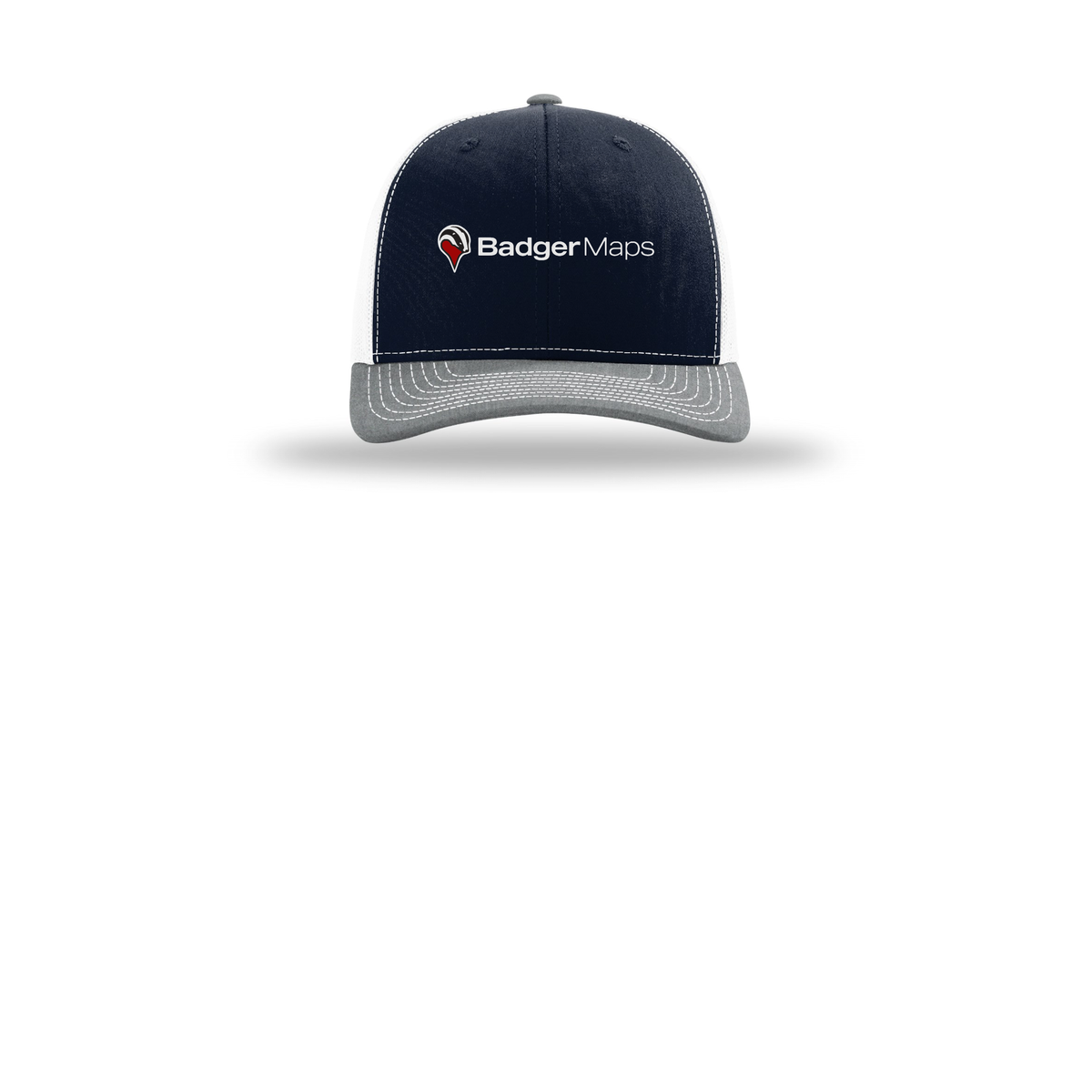 badgermapping-richardson-trucker-cap-embroidery-capfront-R112-navywhiteheathergrey-flat-front