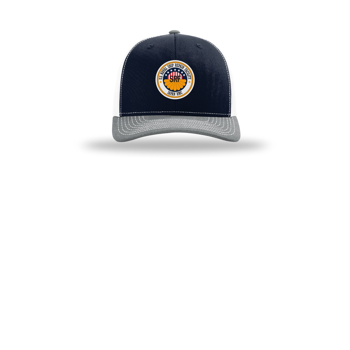 srf-jrmc-richardson-trucker-cap-embroidery-capfront-R112-navywhiteheathergrey-flat-front