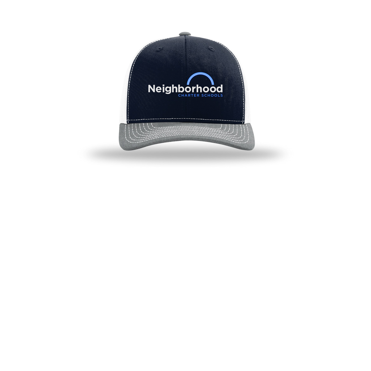 ncschools-richardson-trucker-cap-embroidery-capfront-R112-navywhiteheathergrey-flat-front