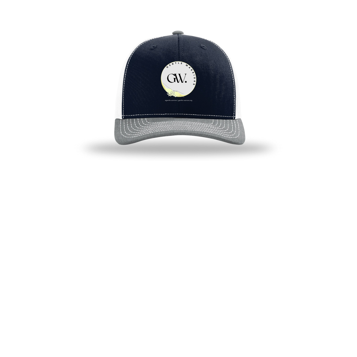 gentle-warriors-richardson-trucker-cap-embroidery-capfront-R112-navywhiteheathergrey-flat-front