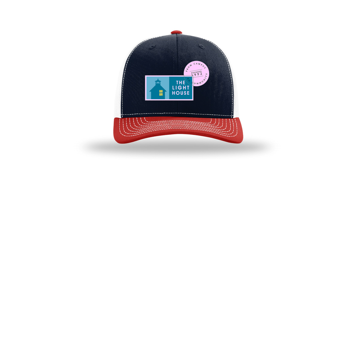 lhcampus-richardson-trucker-cap-embroidery-capfront-R112-navywhitered-flat-front