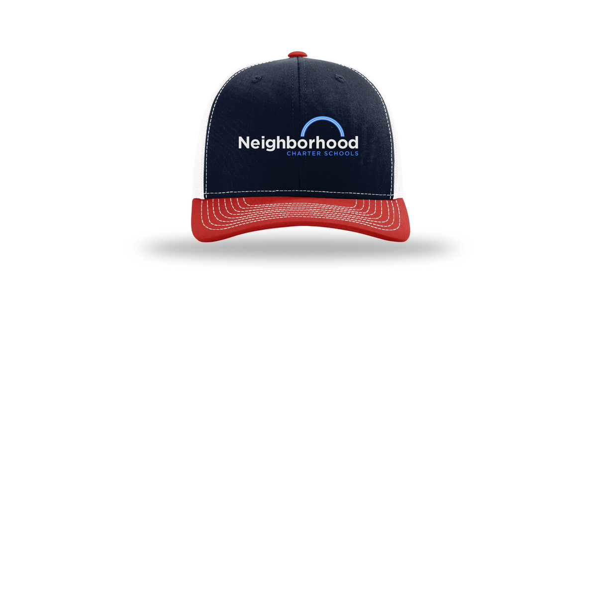 ncschools-richardson-trucker-cap-embroidery-capfront-R112-navywhitered-flat-front