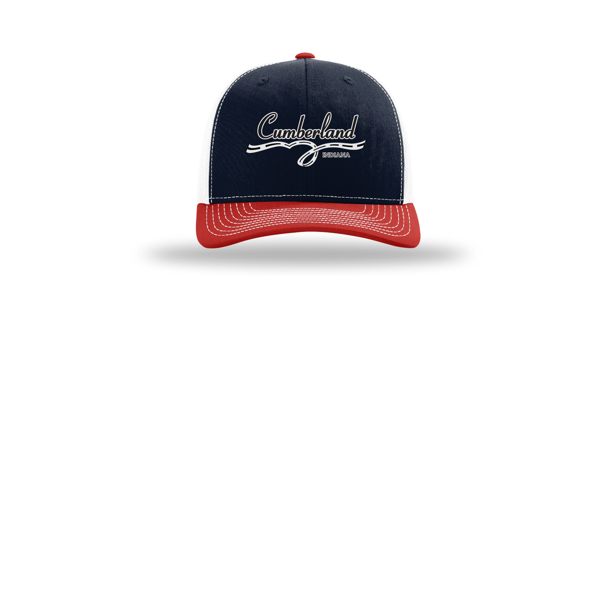 cumberland-richardson-trucker-cap-embroidery-capfront-R112-navywhitered-flat-front