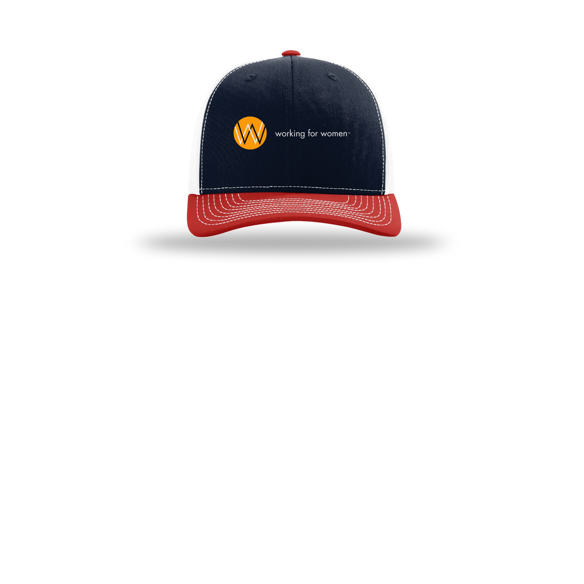 workingforwomen-richardson-trucker-cap-embroidery-capfront-R112-navywhitered-flat-front