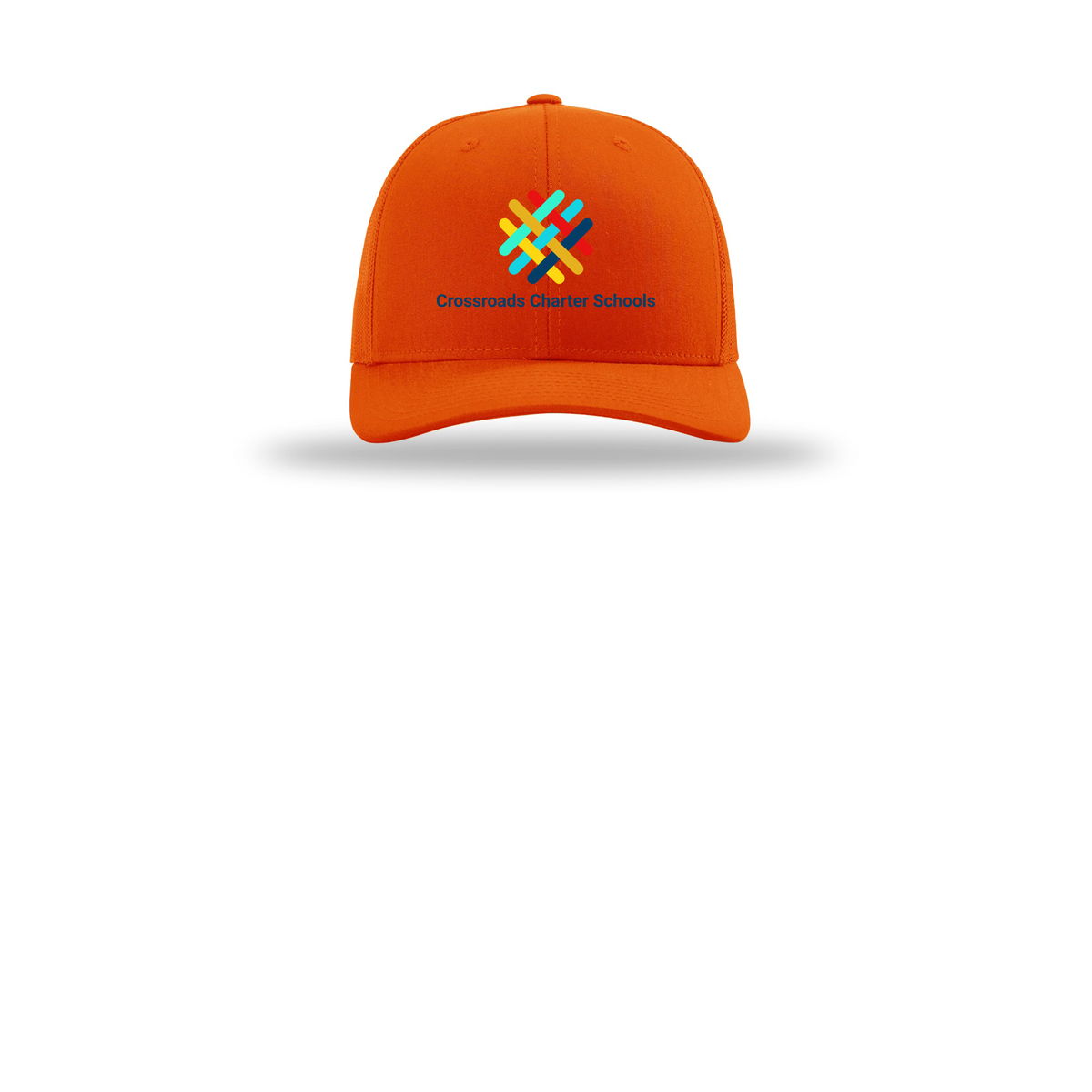 crossroadsschoolskc-richardson-trucker-cap-embroidery-capfront-R112-orange-flat-front