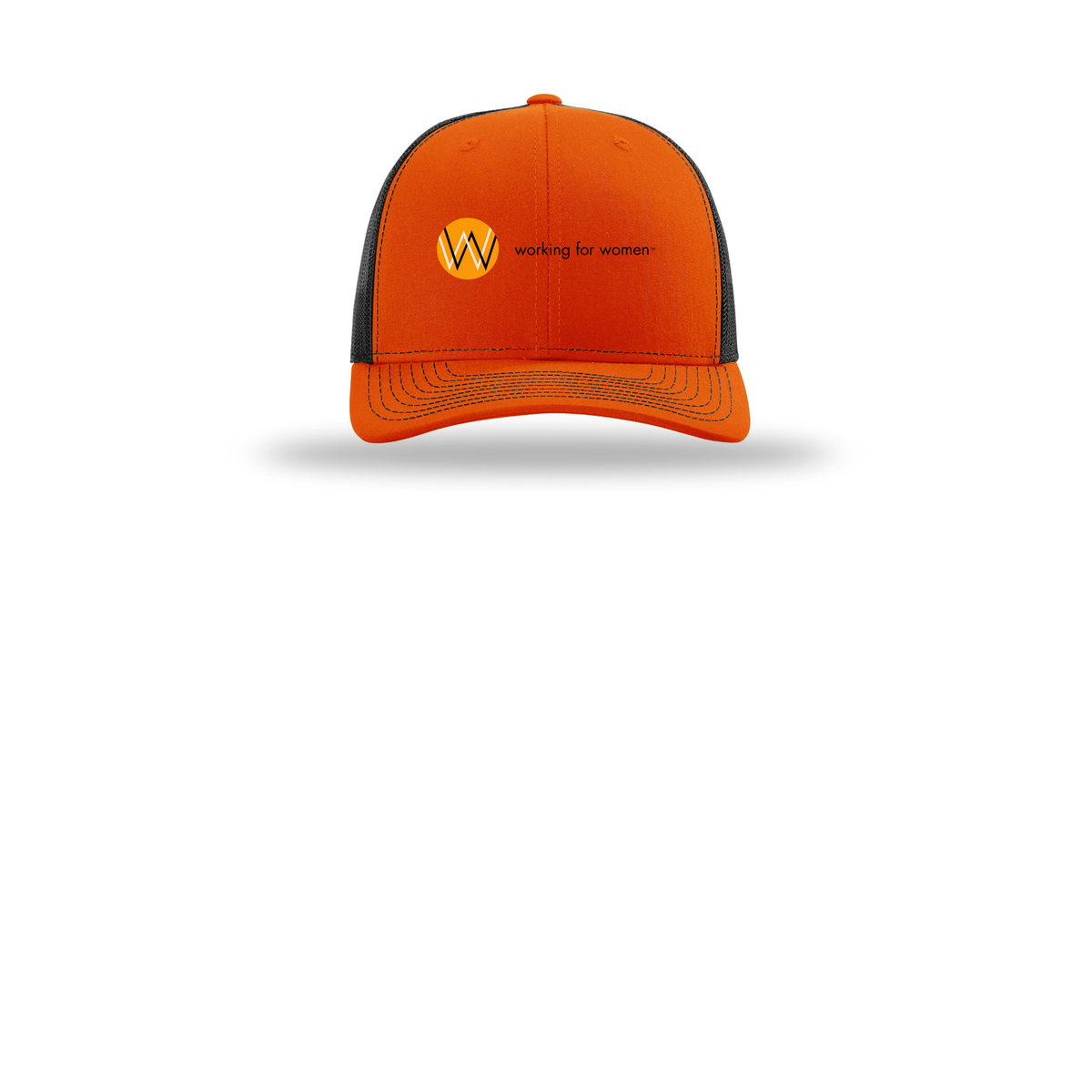 workingforwomen-richardson-trucker-cap-embroidery-capfront-R112-orangeblack-flat-front