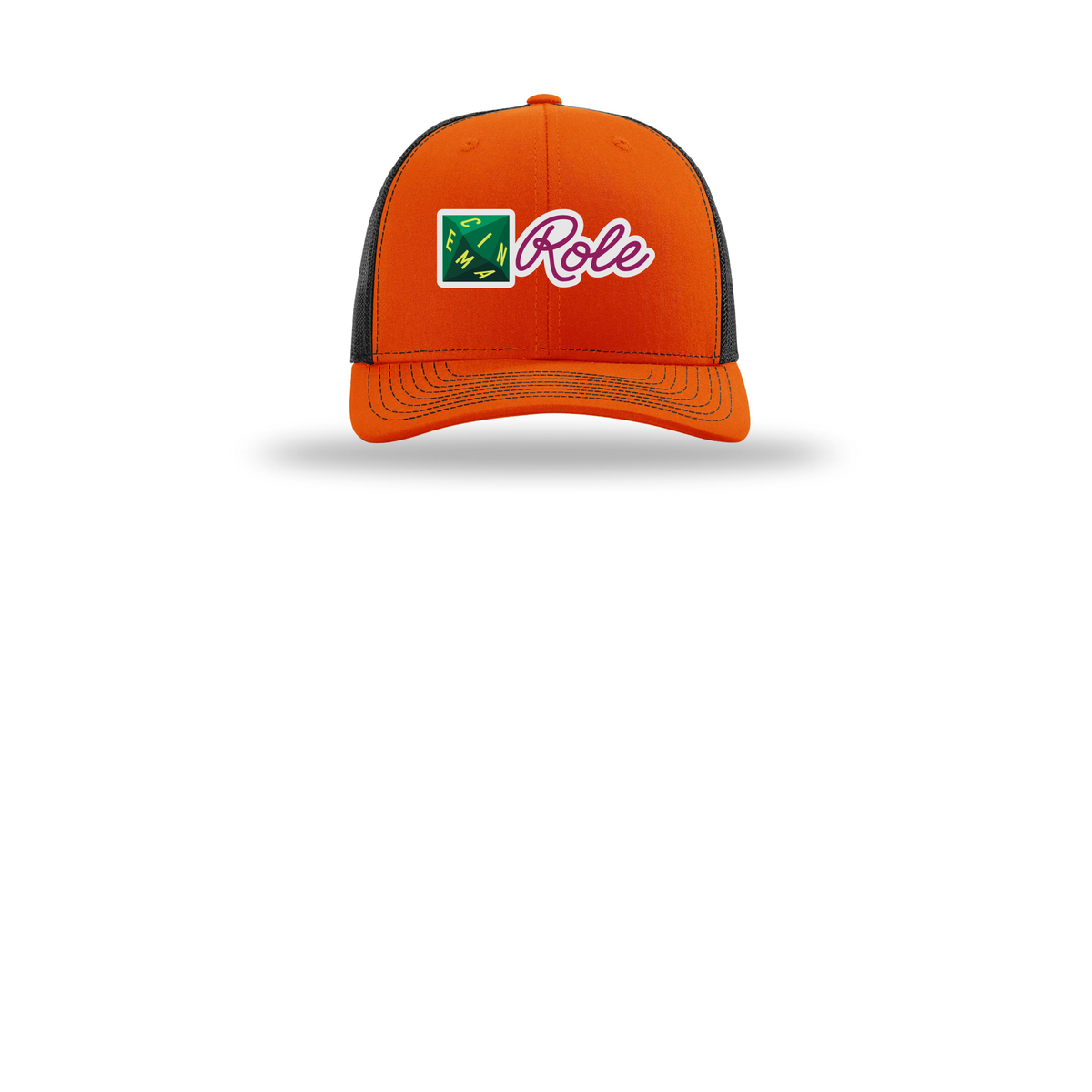 cinemarole-richardson-trucker-cap-embroidery-capfront-R112-orangeblack-flat-front