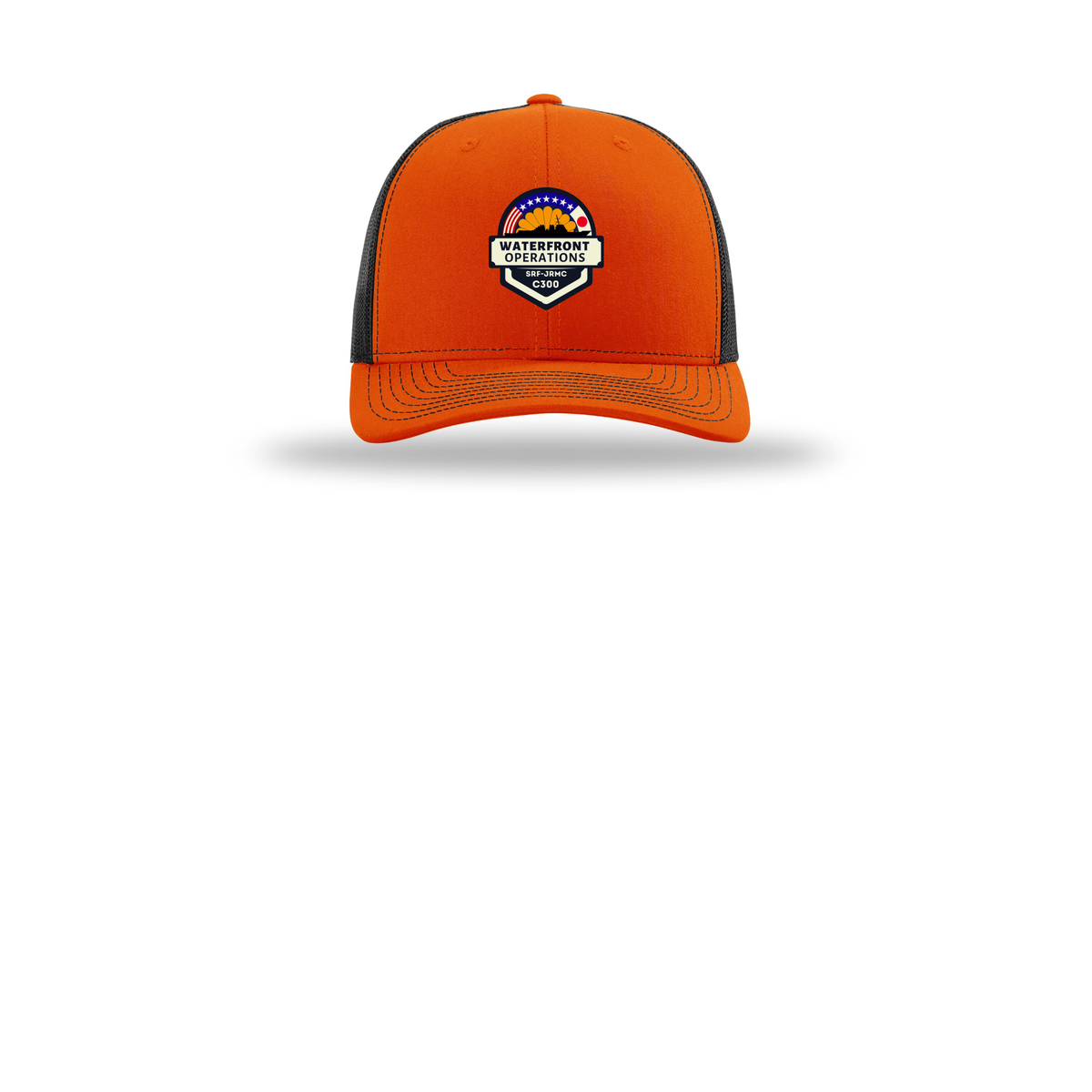 waterfront-operations-retro-trucker-cap-embroidery-capfront-R112-orangeblack-flat-front