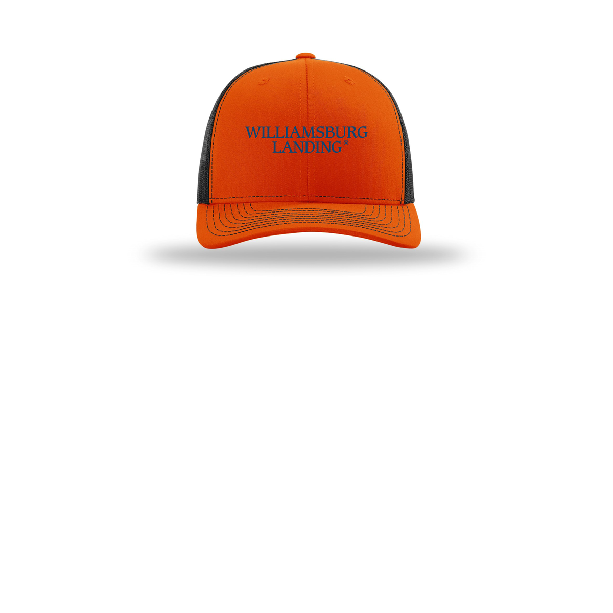 williamsburglanding-richardson-trucker-cap-embroidery-capfront-R112-orangeblack-flat-front