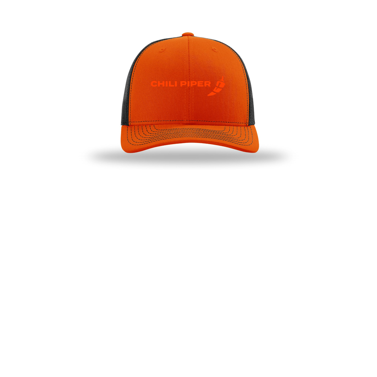 chilipiper-richardson-trucker-cap-embroidery-capfront-R112-orangeblack-flat-front