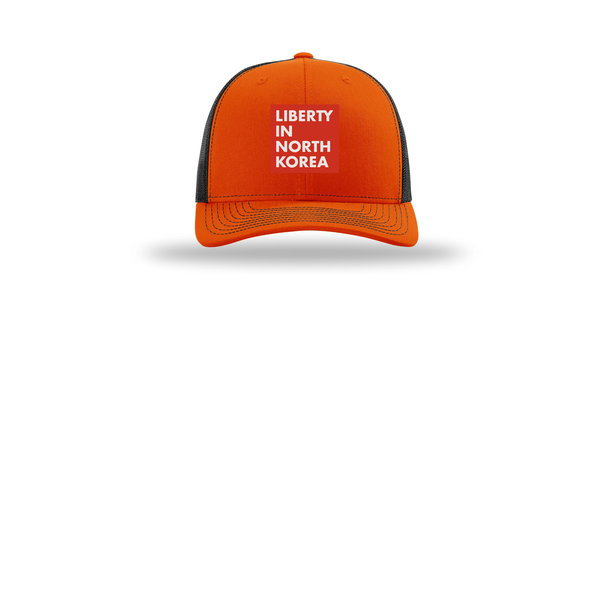 libertyinnorthkorea-richardson-trucker-cap-embroidery-capfront-R112-orangeblack-flat-front